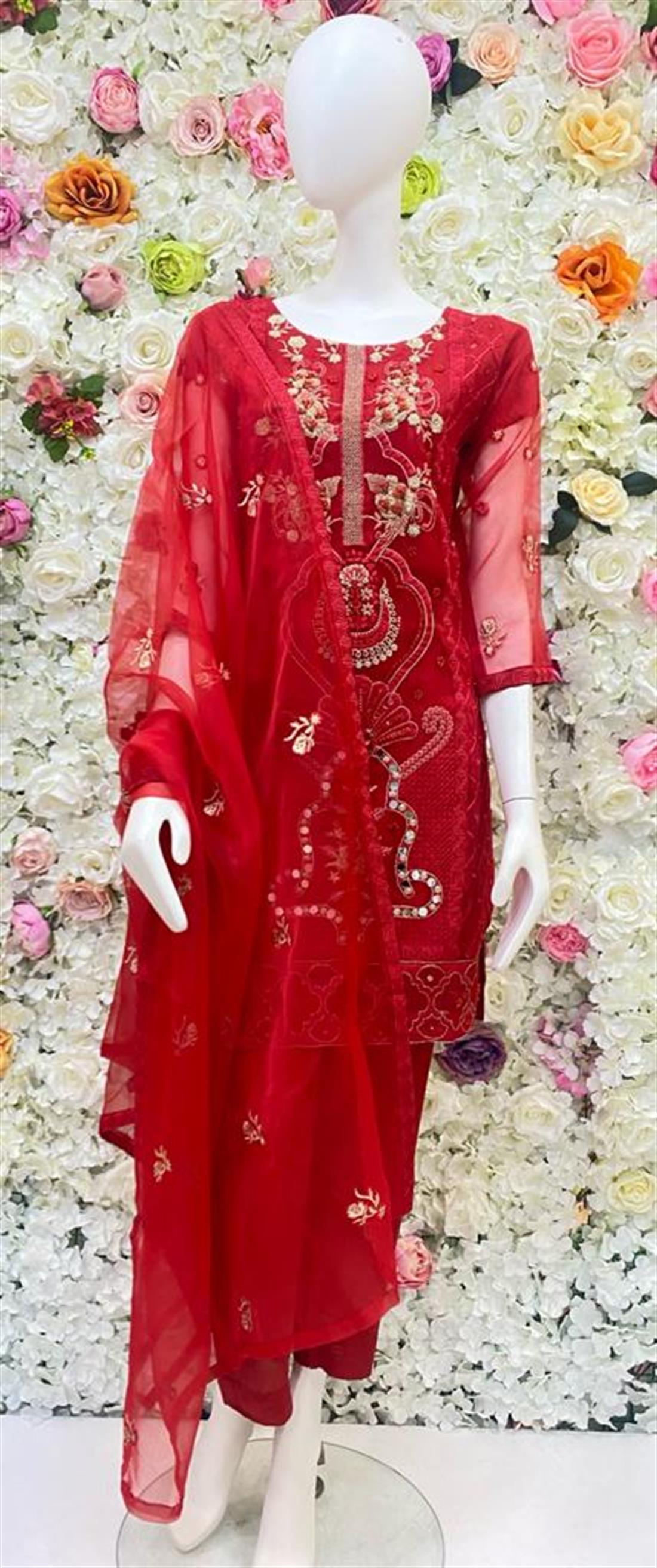 Red Embroidered Raw Silk Ladies Readymade