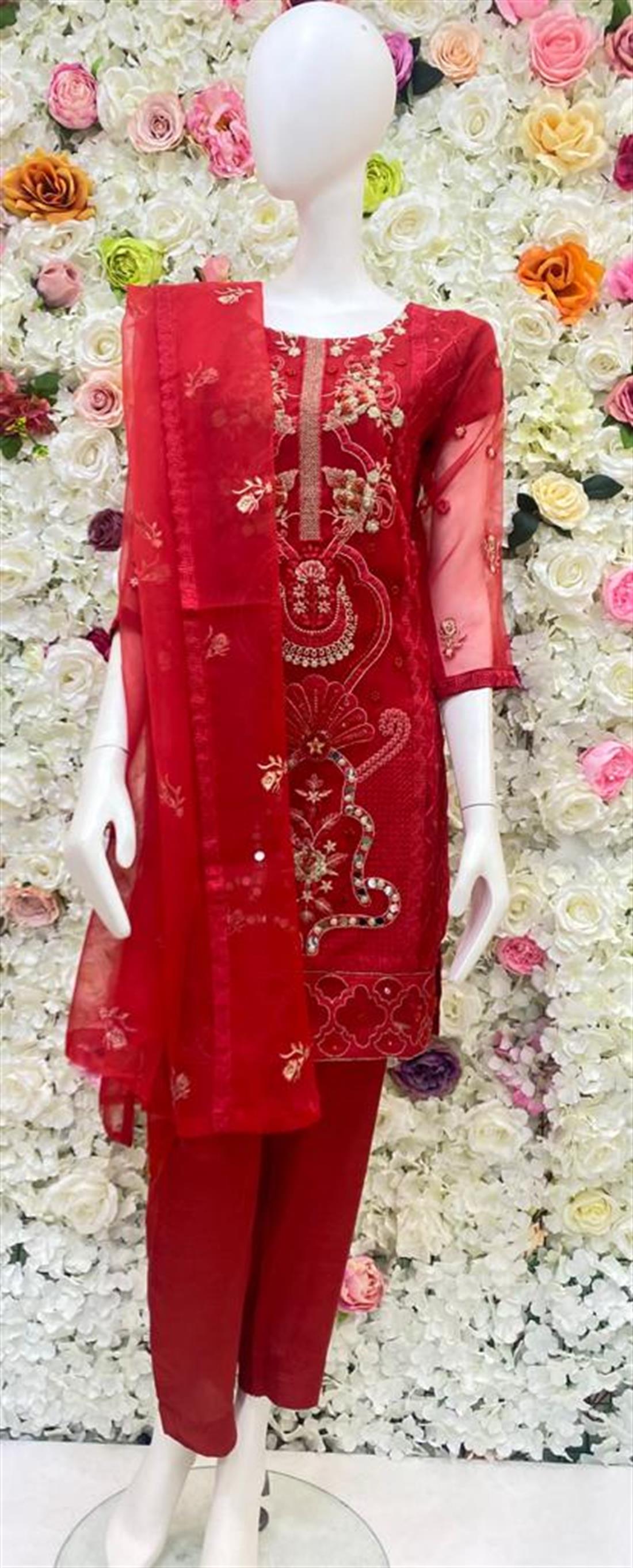 Red Embroidered Raw Silk Ladies Readymade