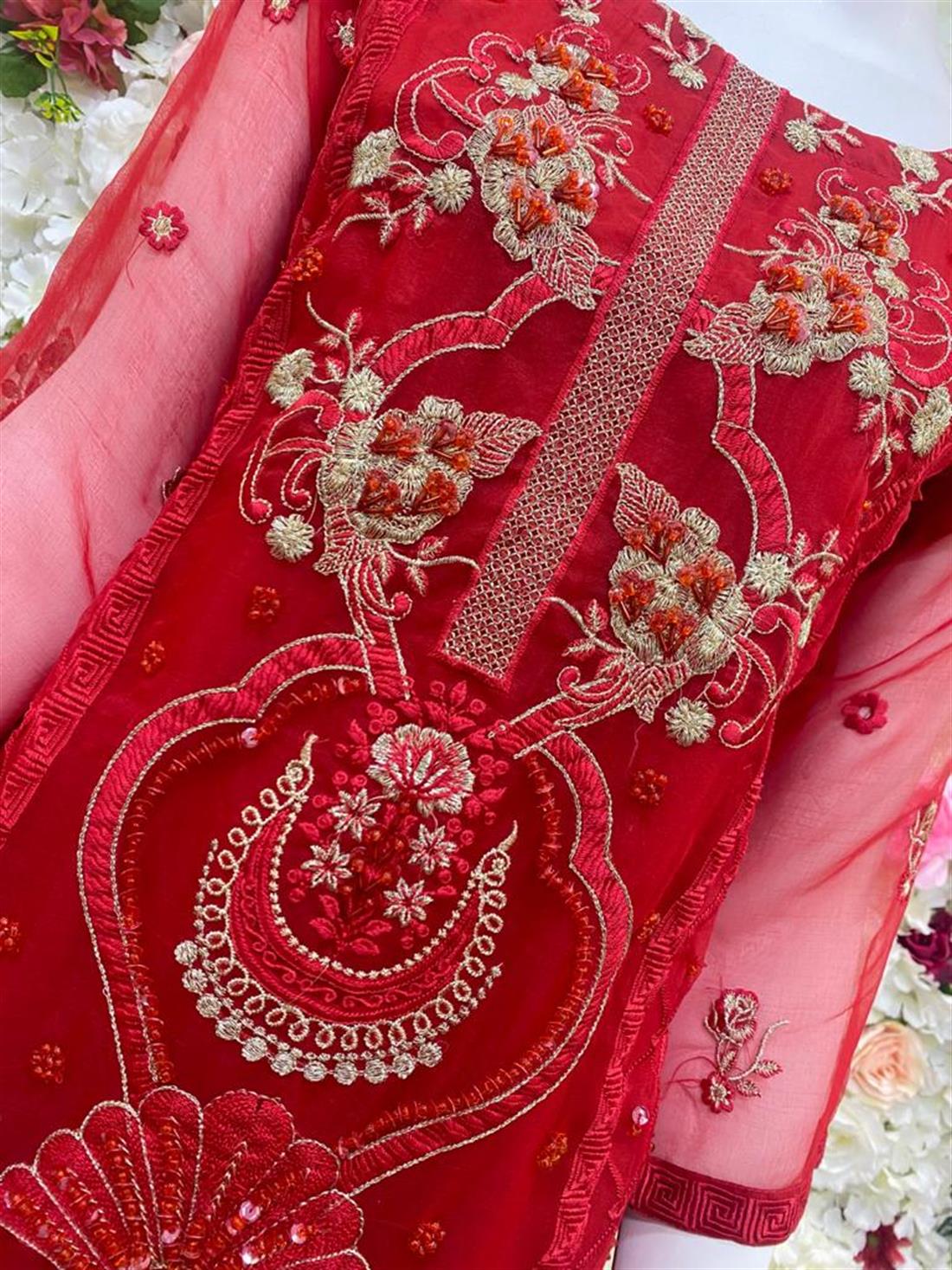 Red Embroidered Raw Silk Ladies Readymade