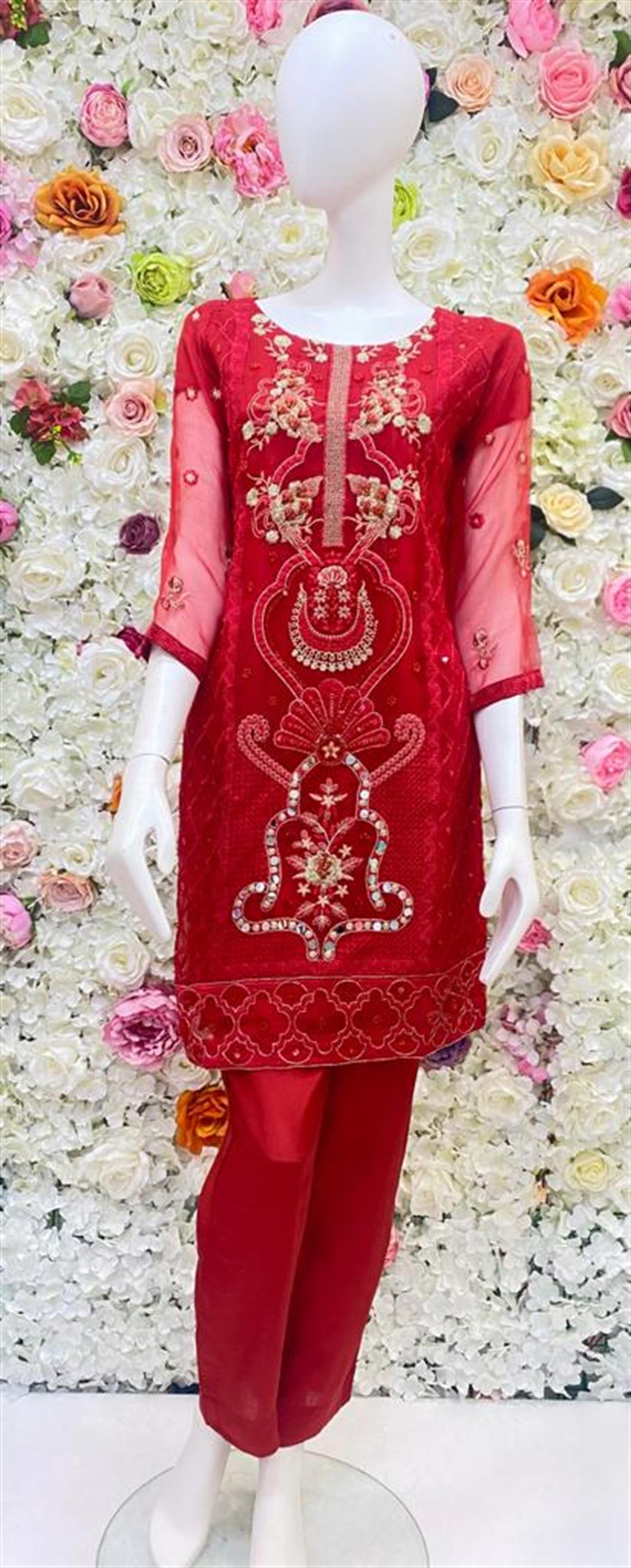 Red Embroidered Raw Silk Ladies Readymade