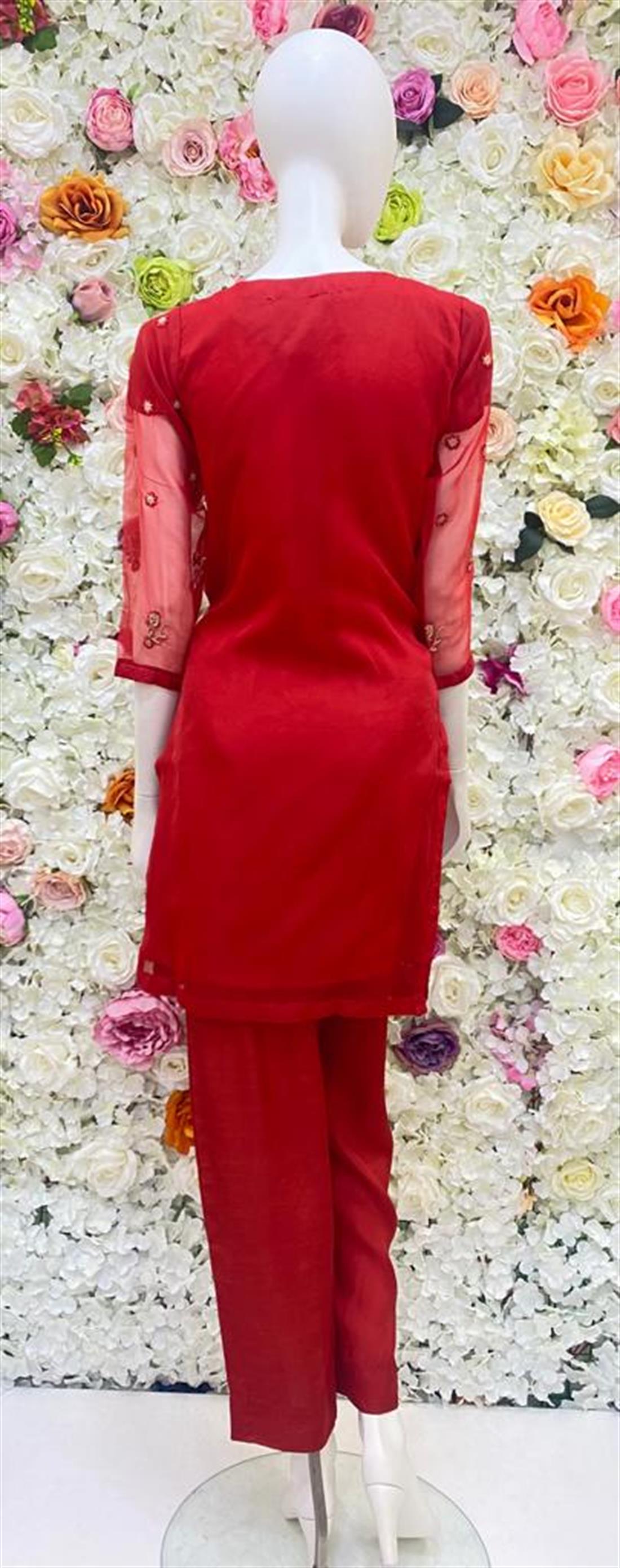 Red Embroidered Raw Silk Ladies Readymade