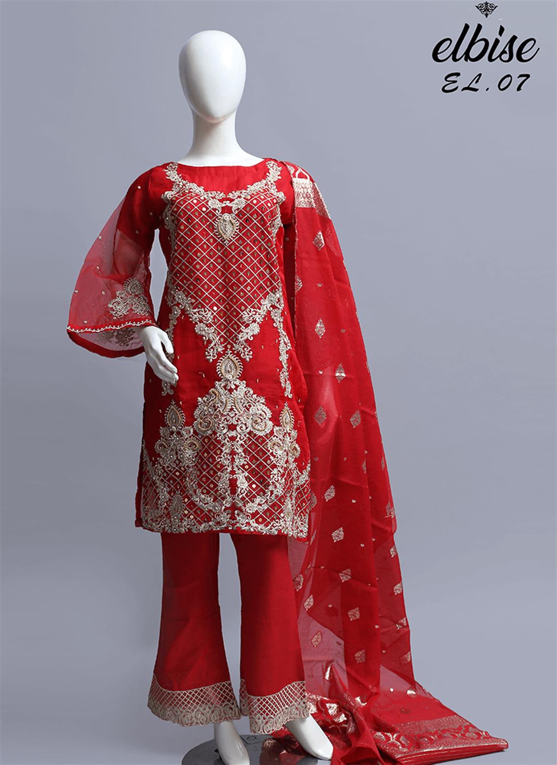 Red Raw Silk Beige 3 Piece Embroidered Ladies Readymade Salwar Suit
