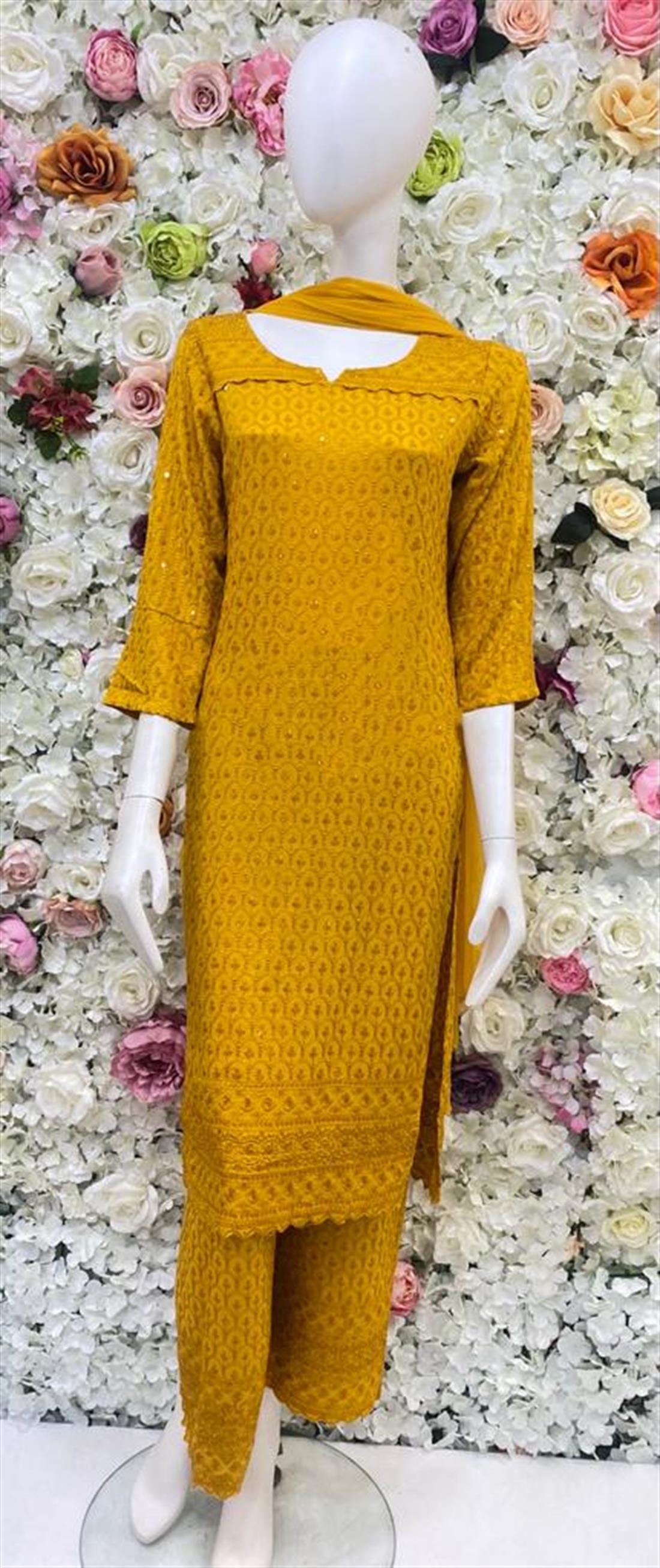Mustard Yellow Chiffon Beautiful Embroidered Linen Readymade Salwar Suit