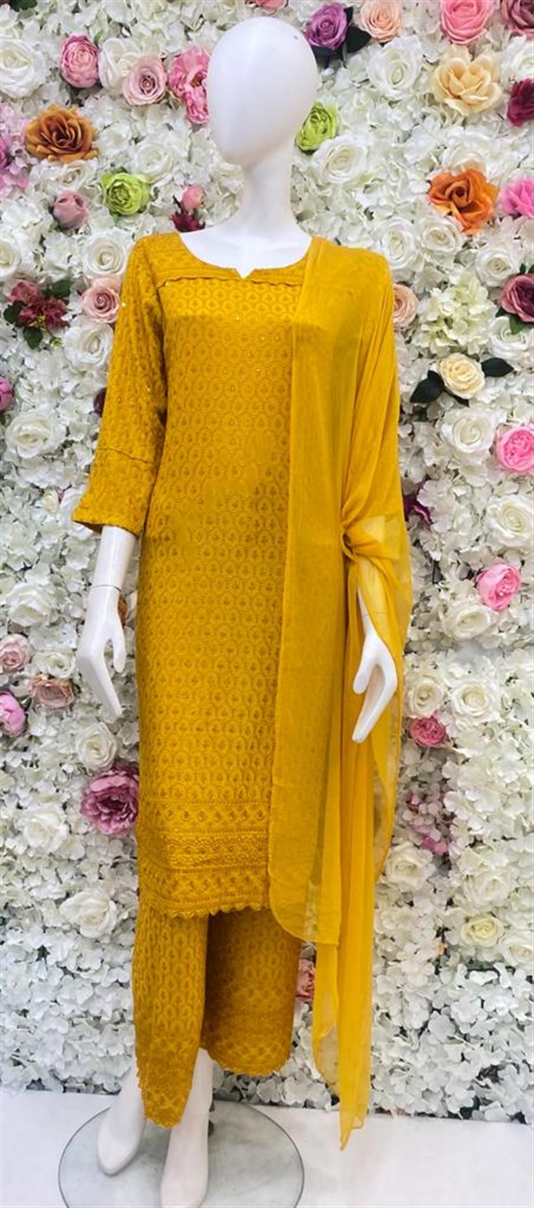 Mustard Yellow Chiffon Beautiful Embroidered Linen Readymade Salwar Suit