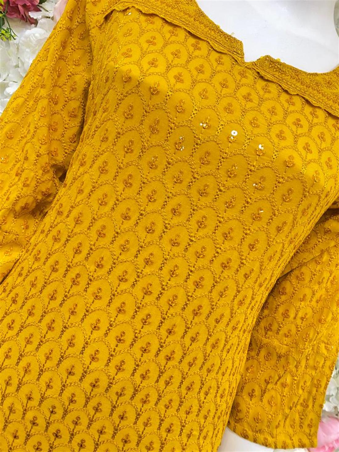 Mustard Yellow Chiffon Beautiful Embroidered Linen Readymade Salwar Suit