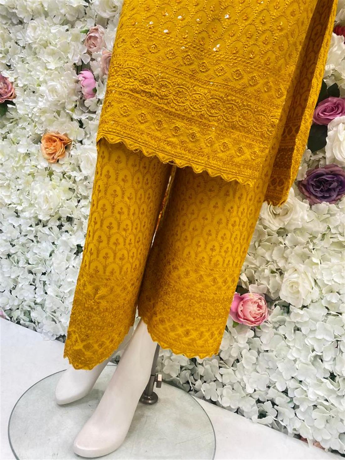 Mustard Yellow Chiffon Beautiful Embroidered Linen Readymade Salwar Suit