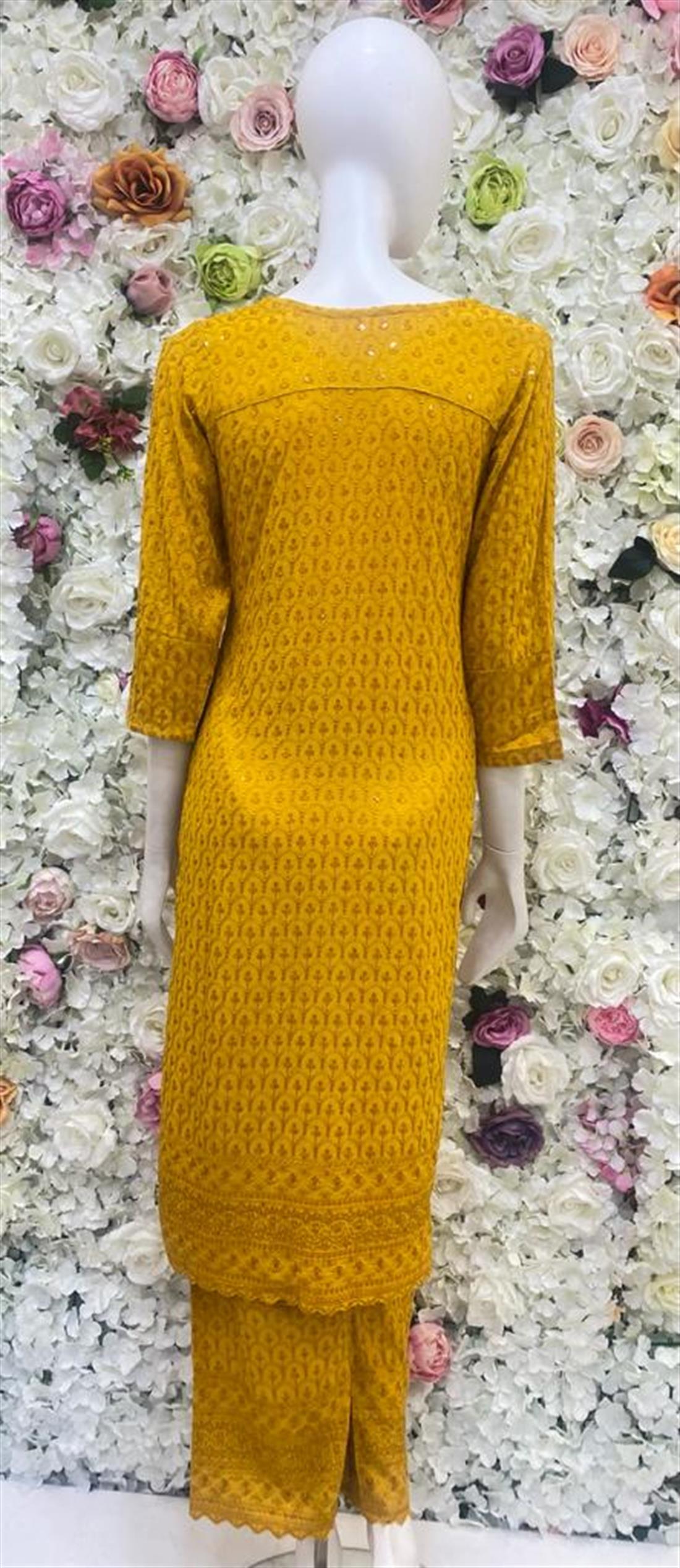 Mustard Yellow Chiffon Beautiful Embroidered Linen Readymade Salwar Suit