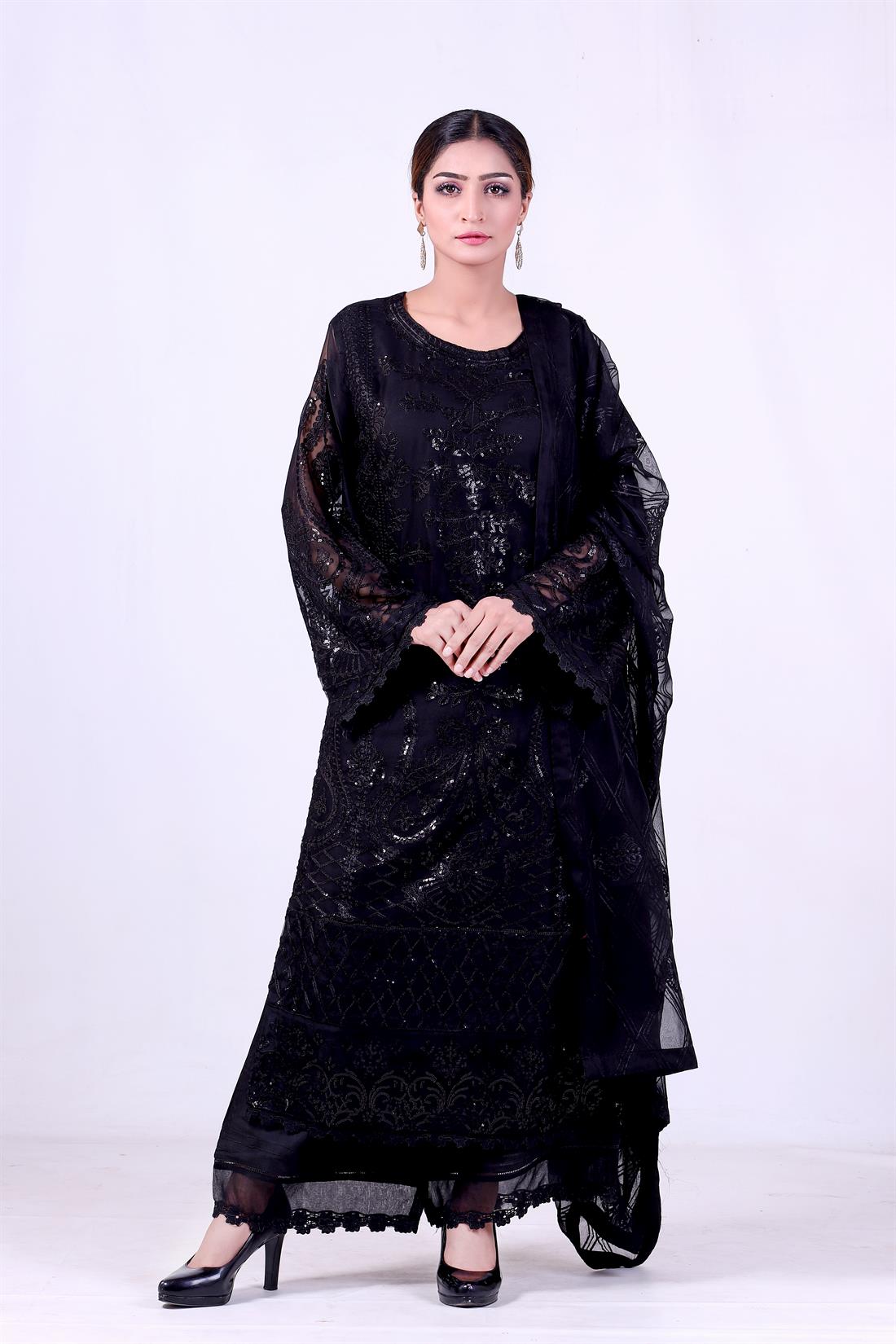 Black Embroidered 3 Piece Chiffon Kameez with Dupatta & Trouser