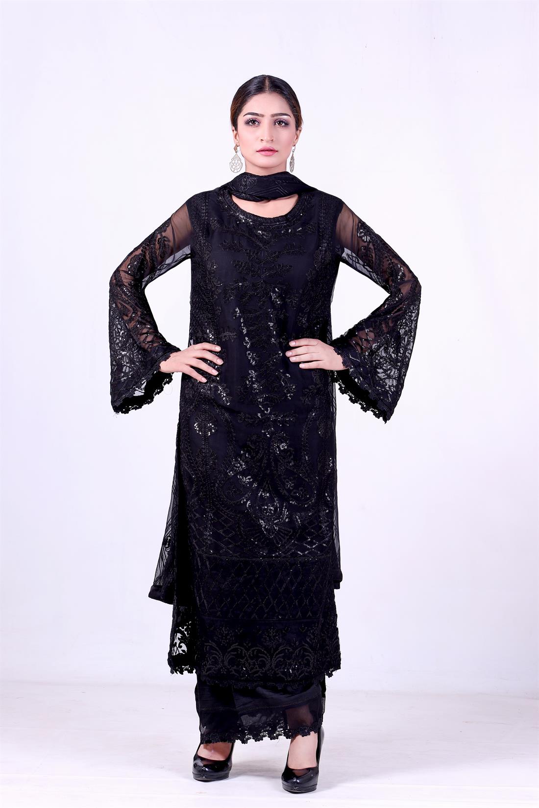 Black Embroidered 3 Piece Chiffon Kameez with Dupatta & Trouser