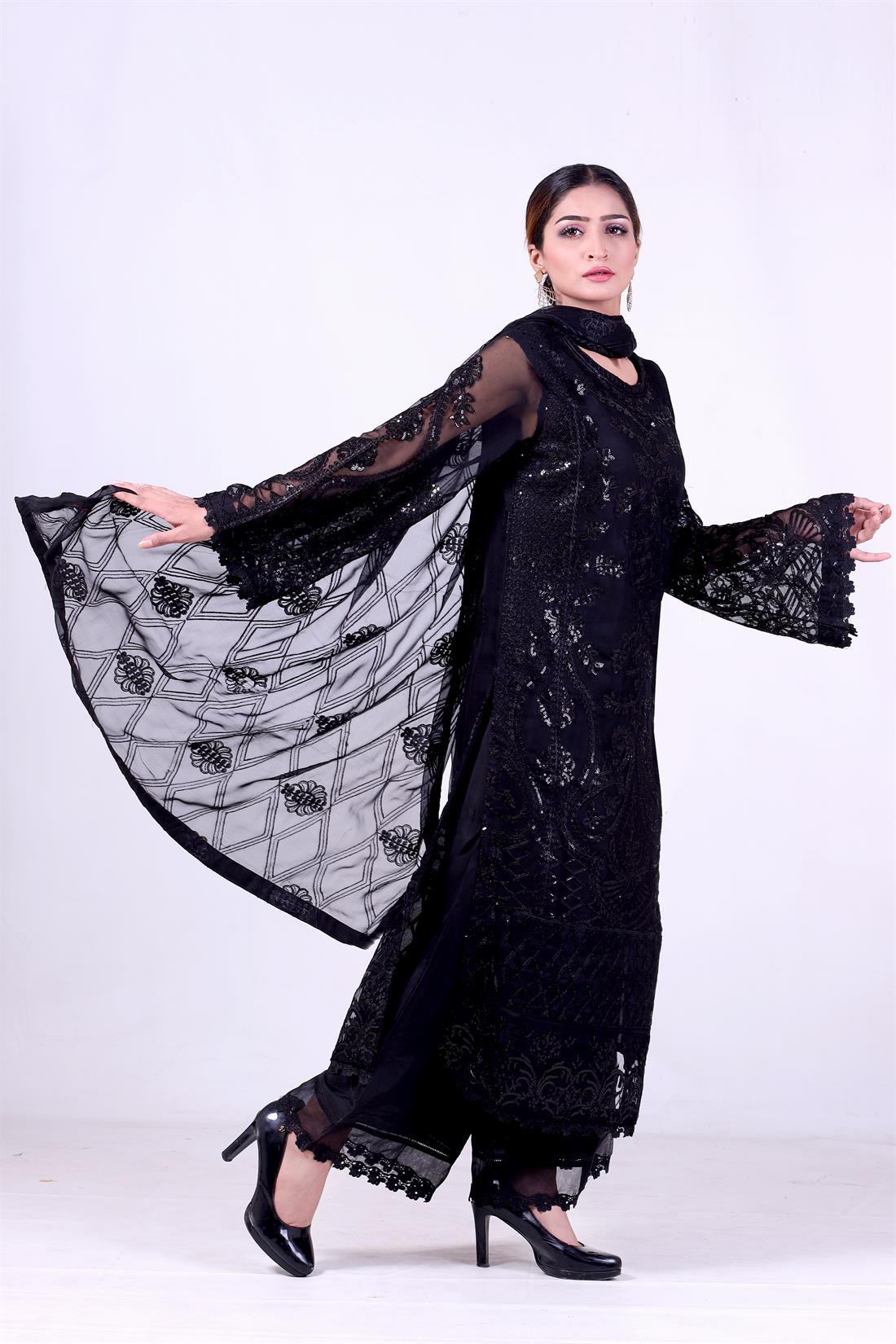 Black Embroidered 3 Piece Chiffon Kameez with Dupatta & Trouser