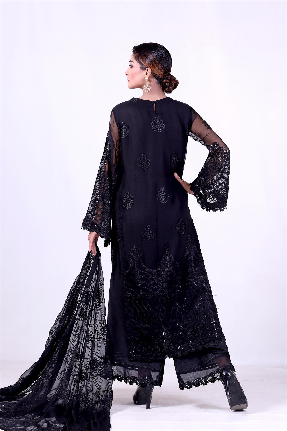 Black Embroidered 3 Piece Chiffon Kameez with Dupatta & Trouser