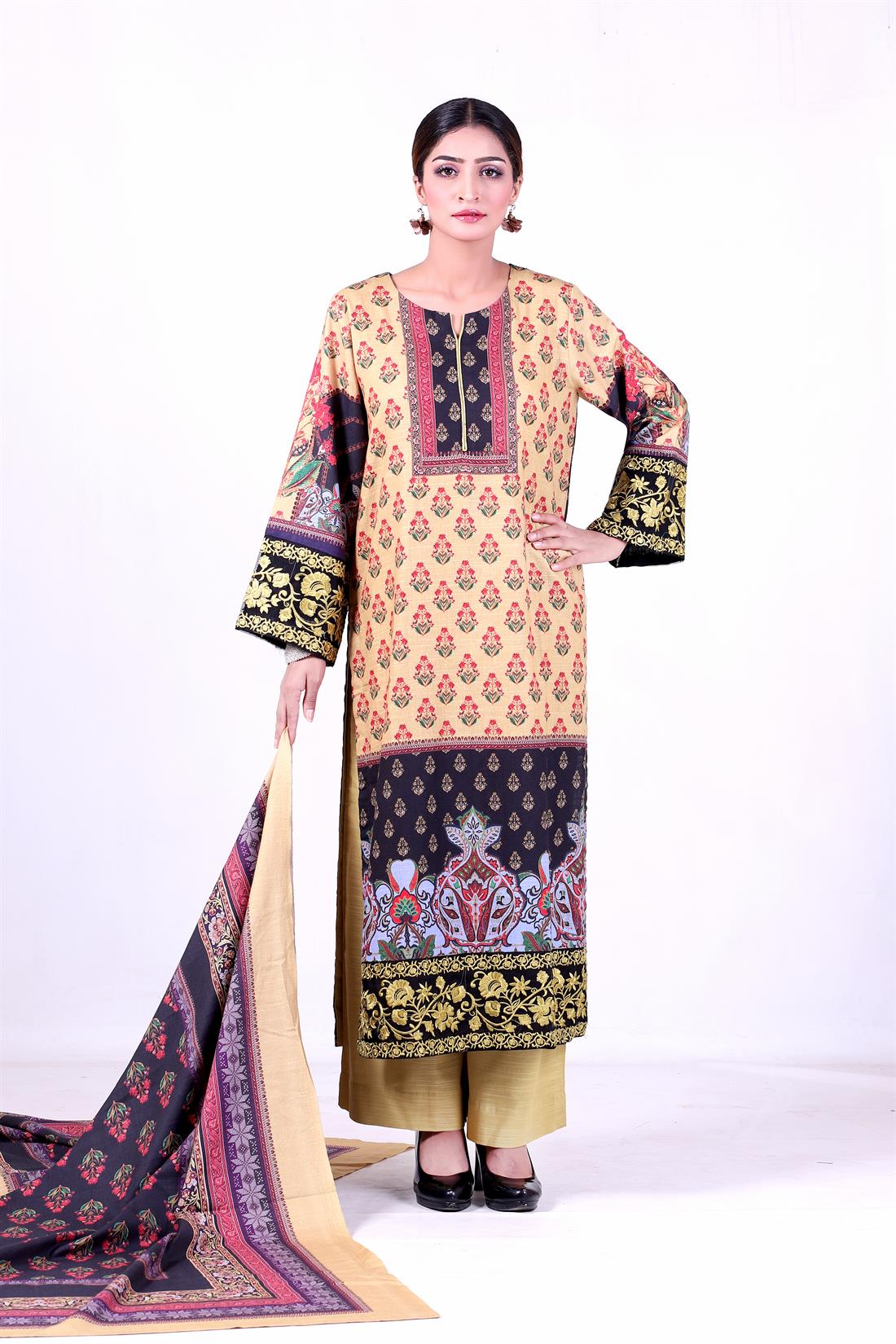 Mustard Embroidered Palazzo 3 Piece Khaddar Kameez with Shawl & Trouser