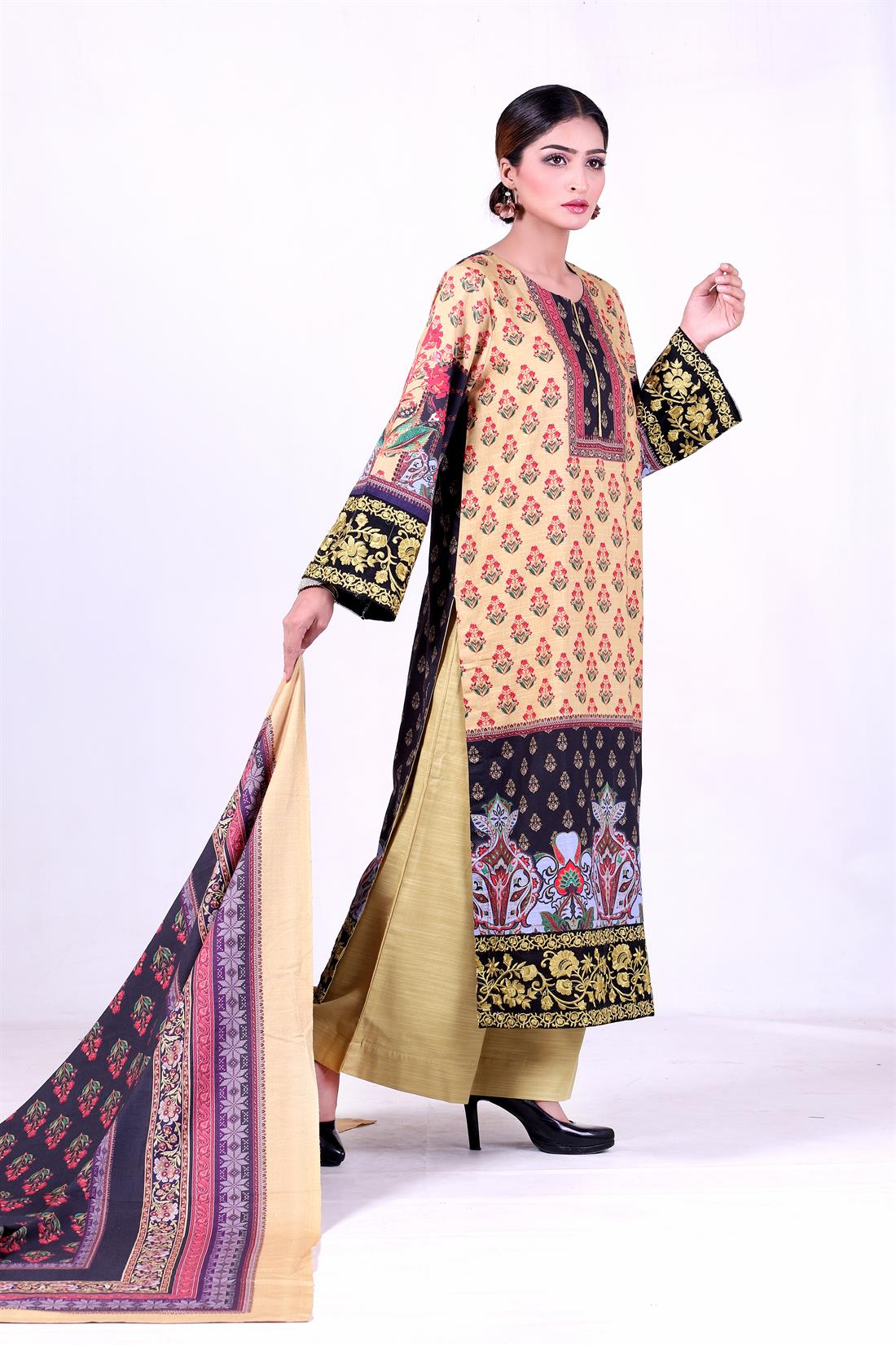 Mustard Embroidered Palazzo 3 Piece Khaddar Kameez with Shawl & Trouser