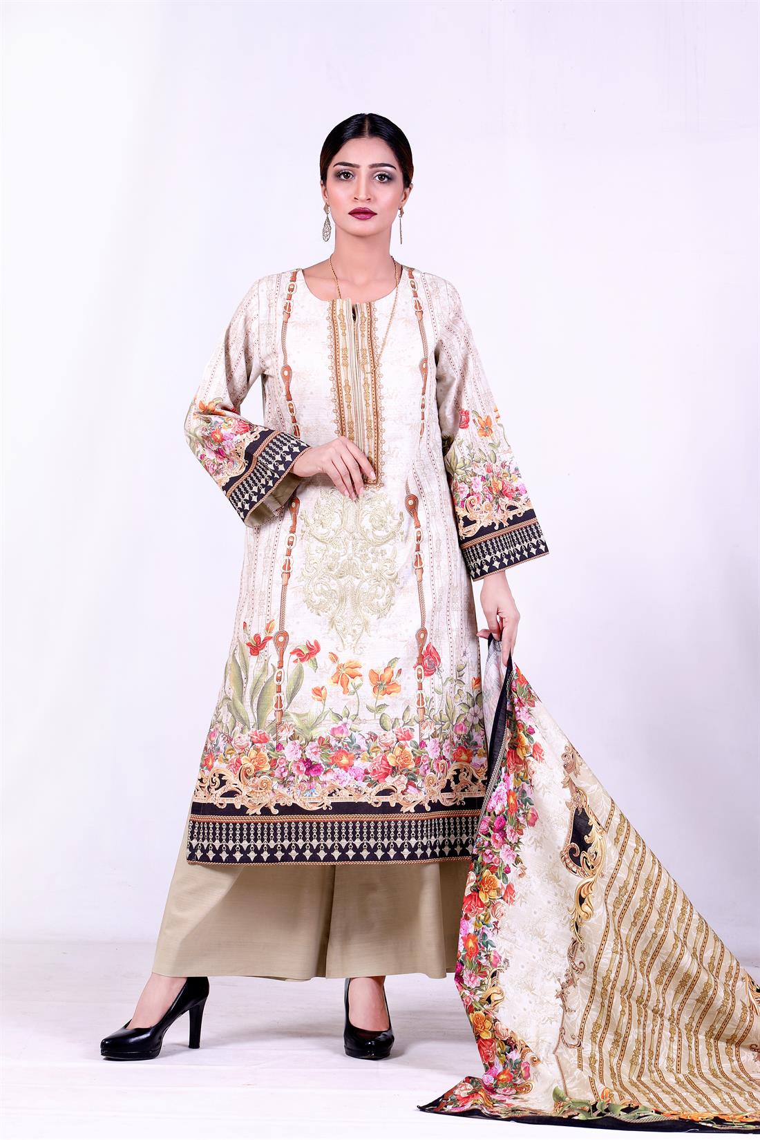 Ivory Embroidered Palazzo 3 Piece Khaddar Kameez with Shawl & Trouser