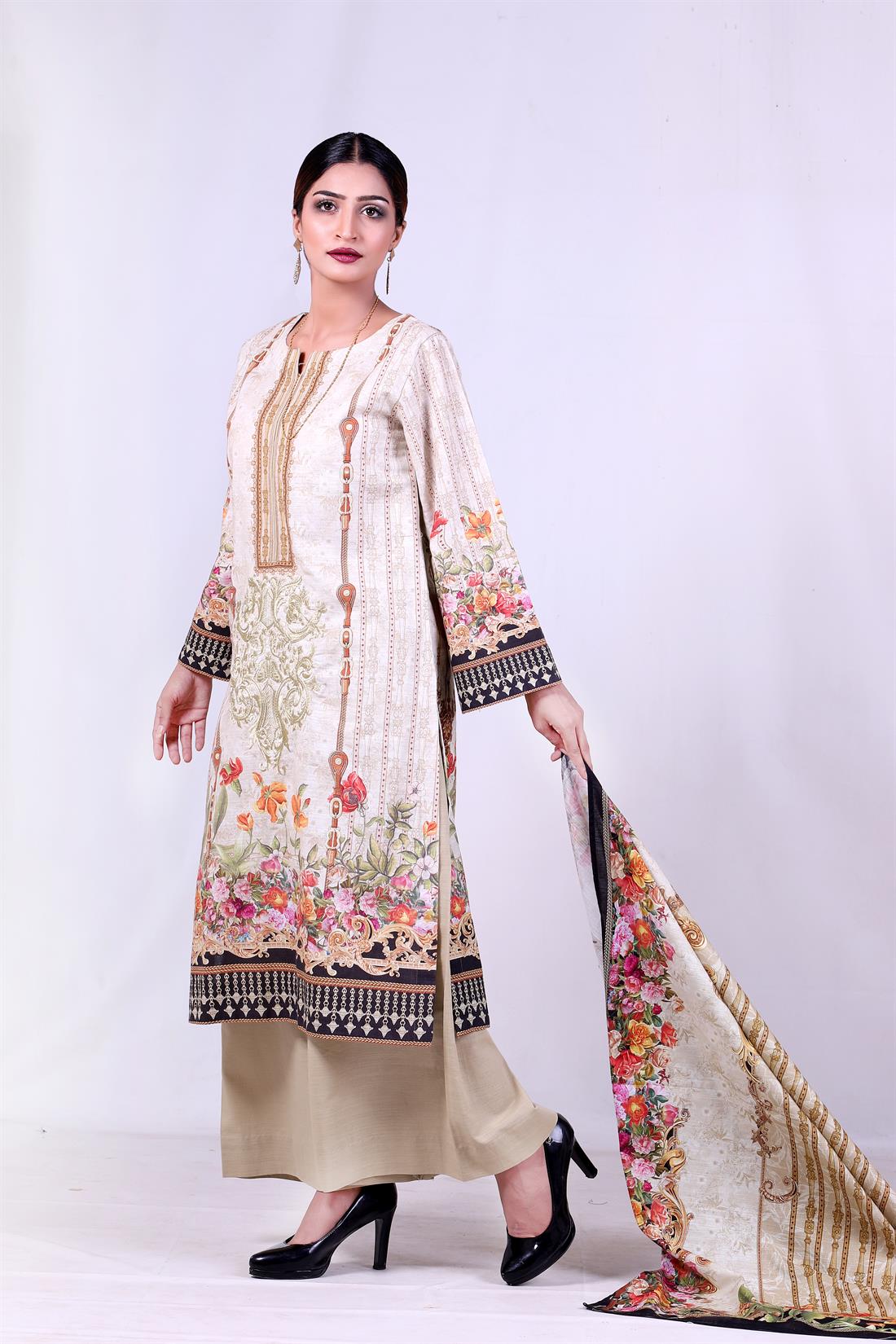 Ivory Embroidered Palazzo 3 Piece Khaddar Kameez with Shawl & Trouser