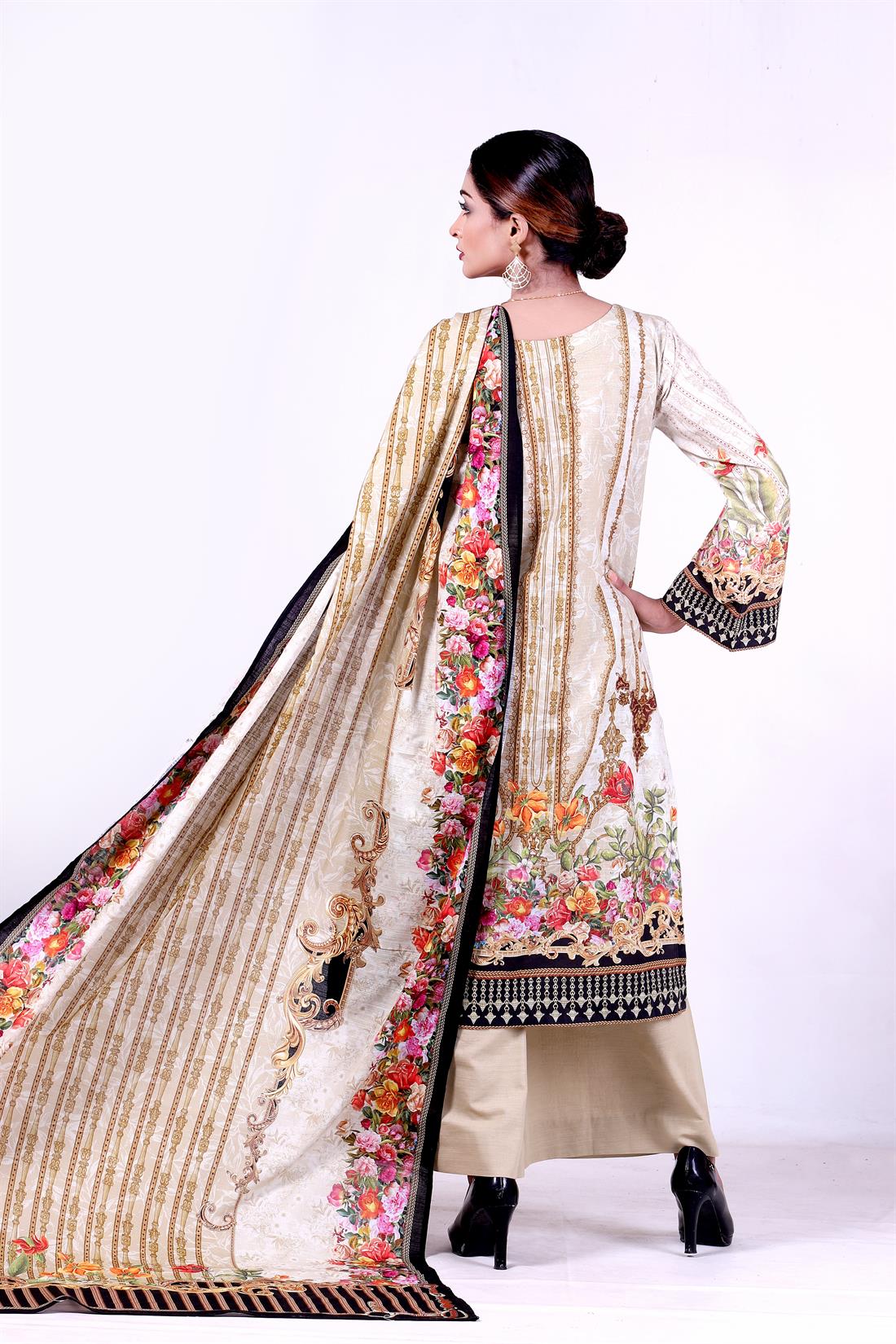 Ivory Embroidered Palazzo 3 Piece Khaddar Kameez with Shawl & Trouser