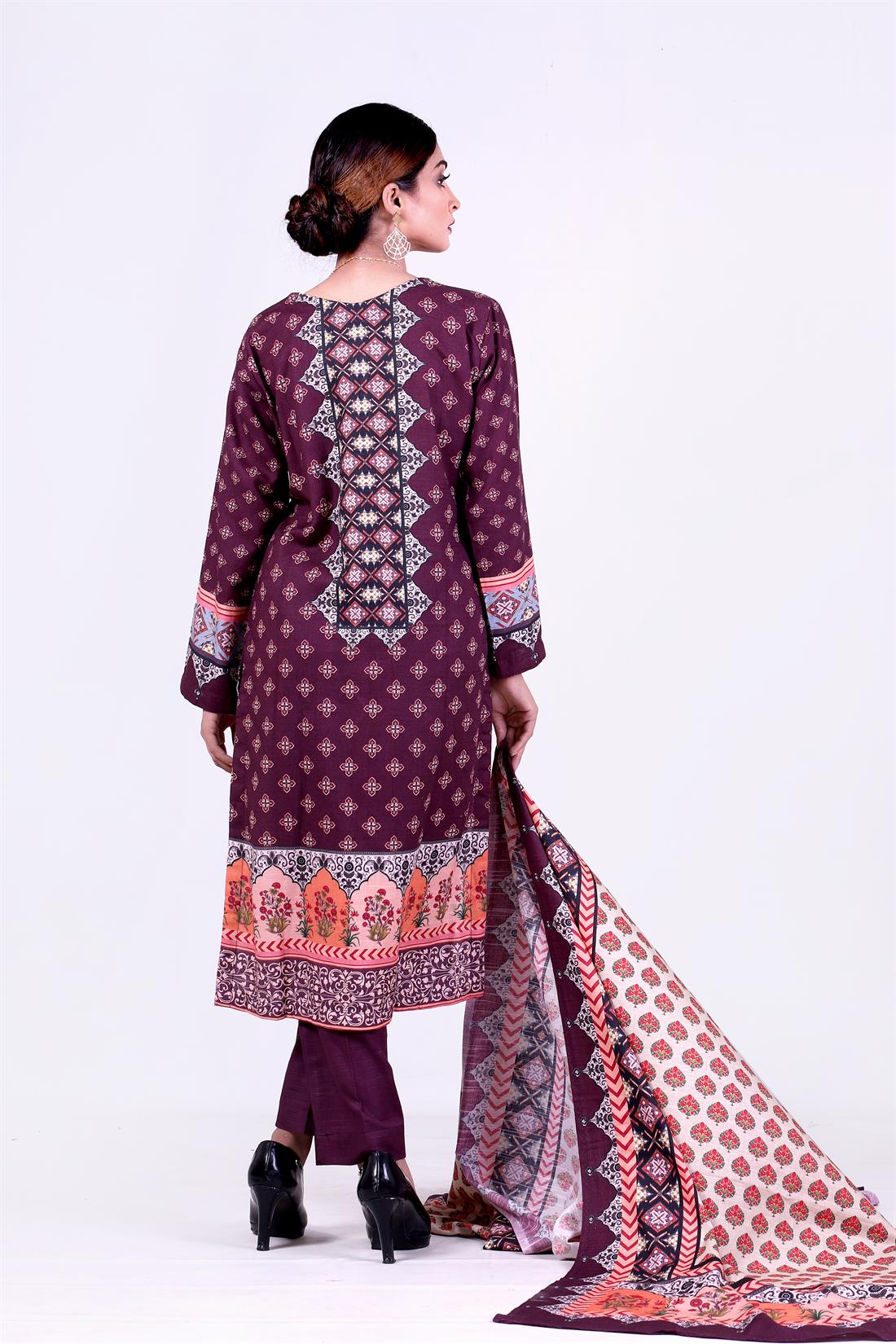 Purple & Plum Embroidered 3 Piece Purple/Plum Khaddar Kameez with Printed Shawl