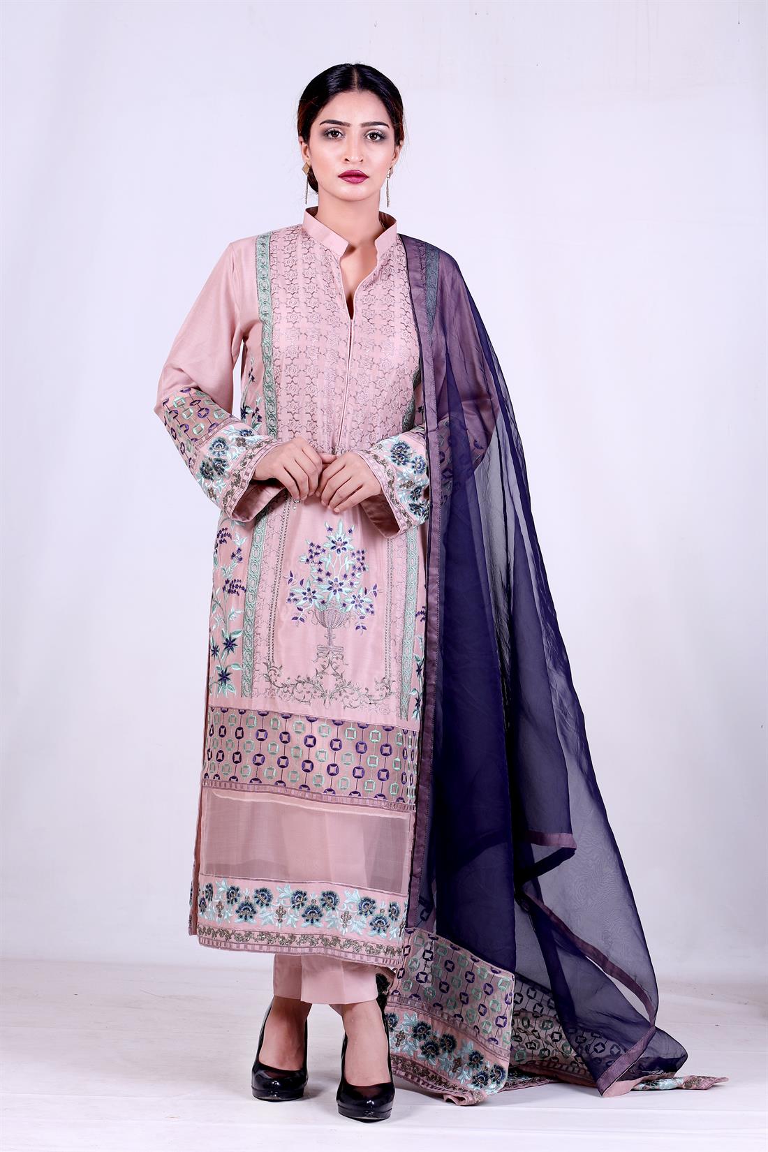 Tea Pink Embroidered Organza 3 Piece Linen Salwar Kameez with Dupatta