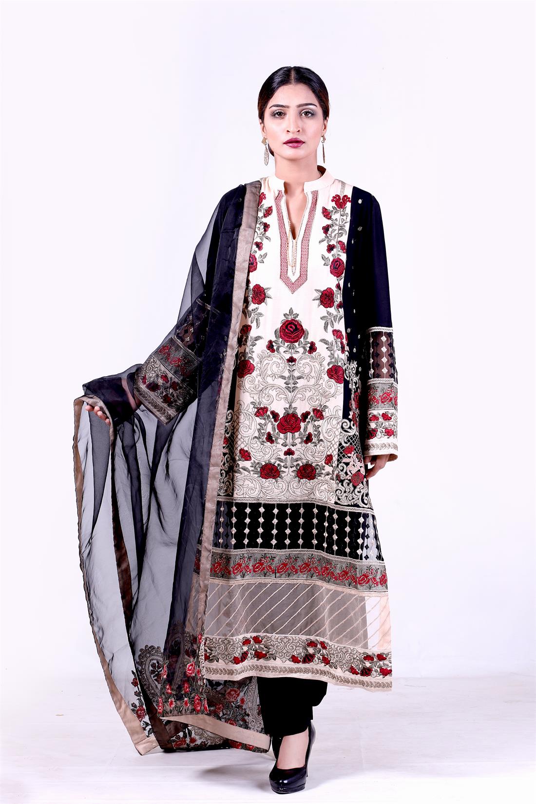 Skin & Black Embroidered Organza Skin/Black 3 Piece Linen Salwar Kameez with Dupatta