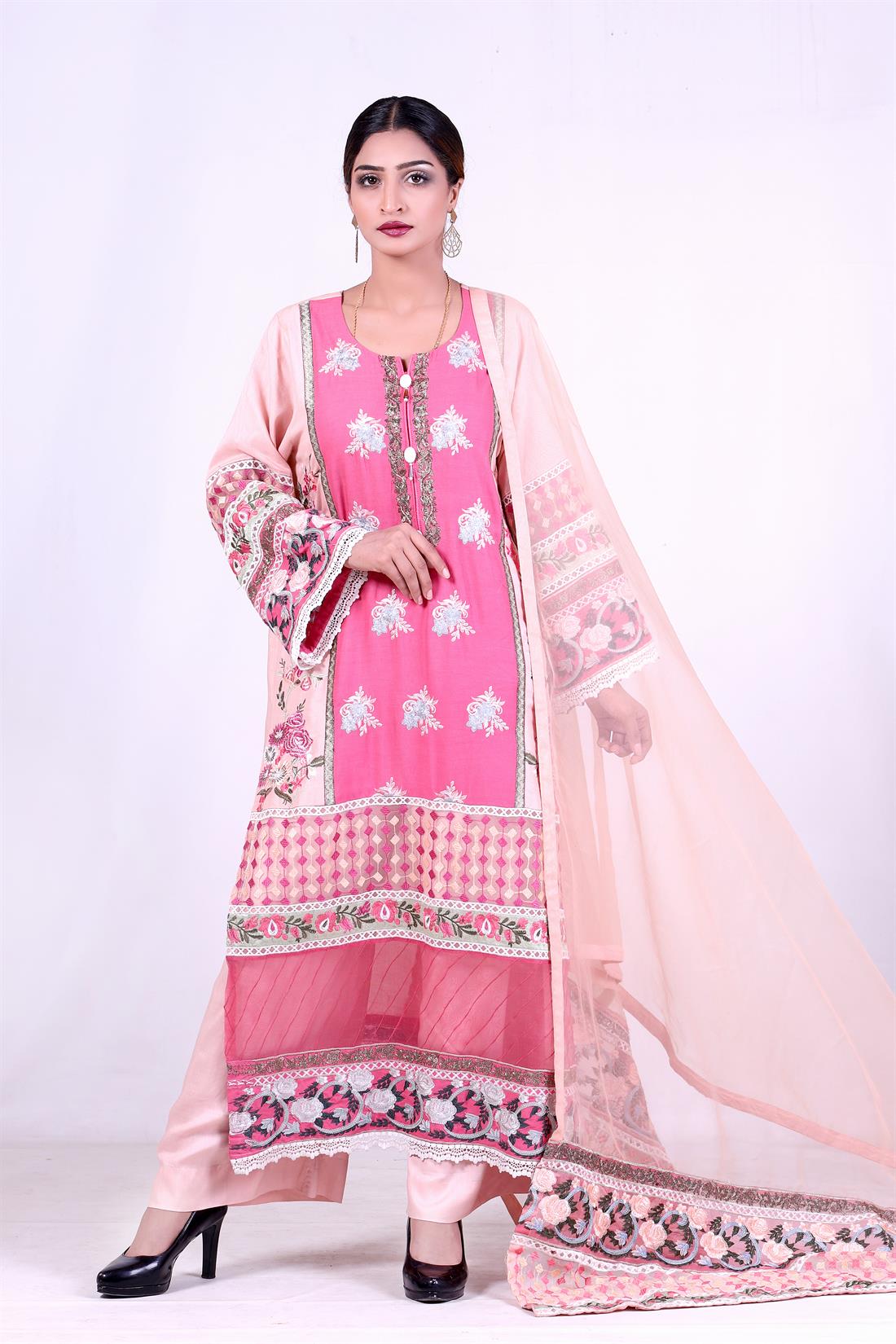Pink & Peach Embroidered Organza Pink/Peach 3 Piece Linen Salwar Kameez with Dupatta
