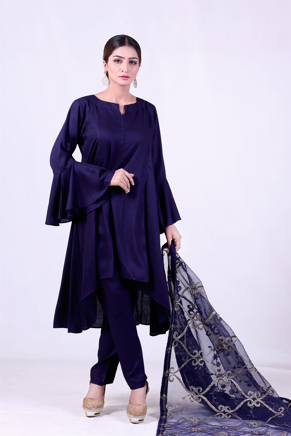 Navy Blue Embroidered Organza Ladies Readymade