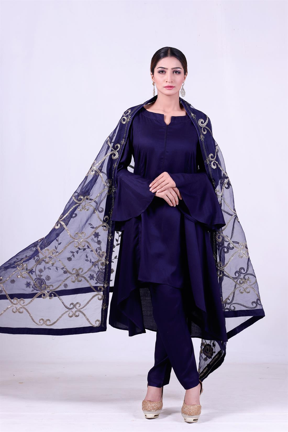 Navy Blue Embroidered Organza Ladies Readymade