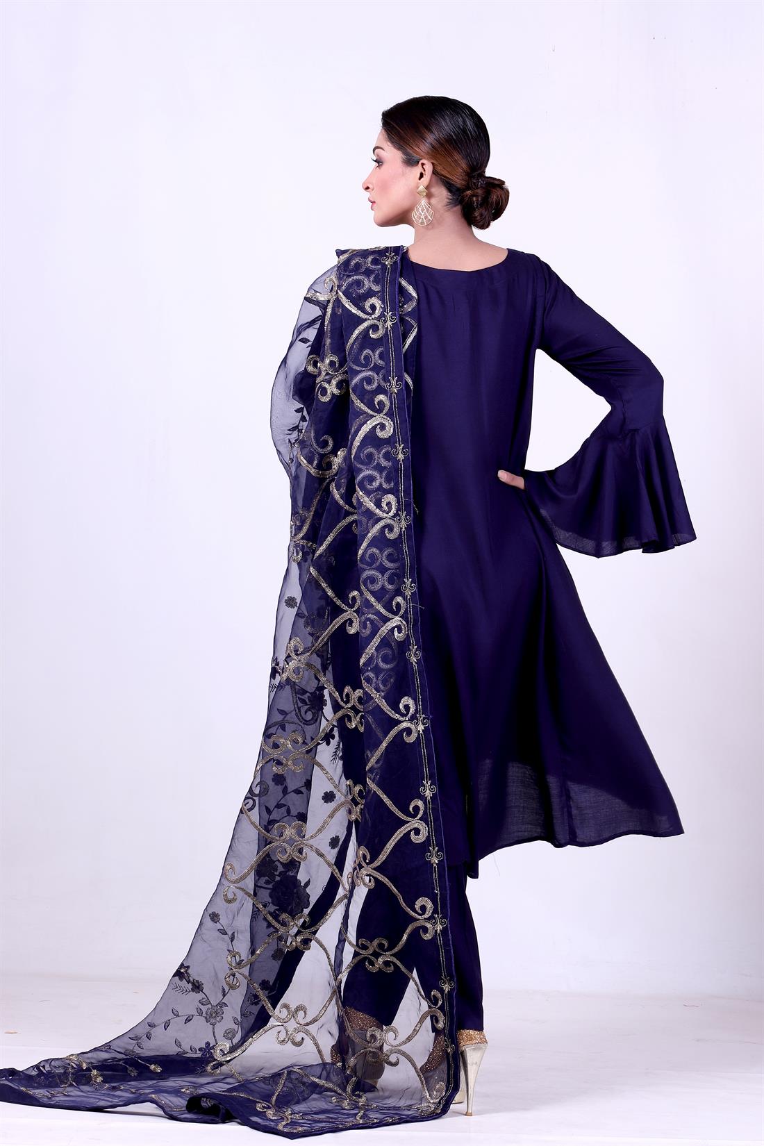 Navy Blue Embroidered Organza Ladies Readymade
