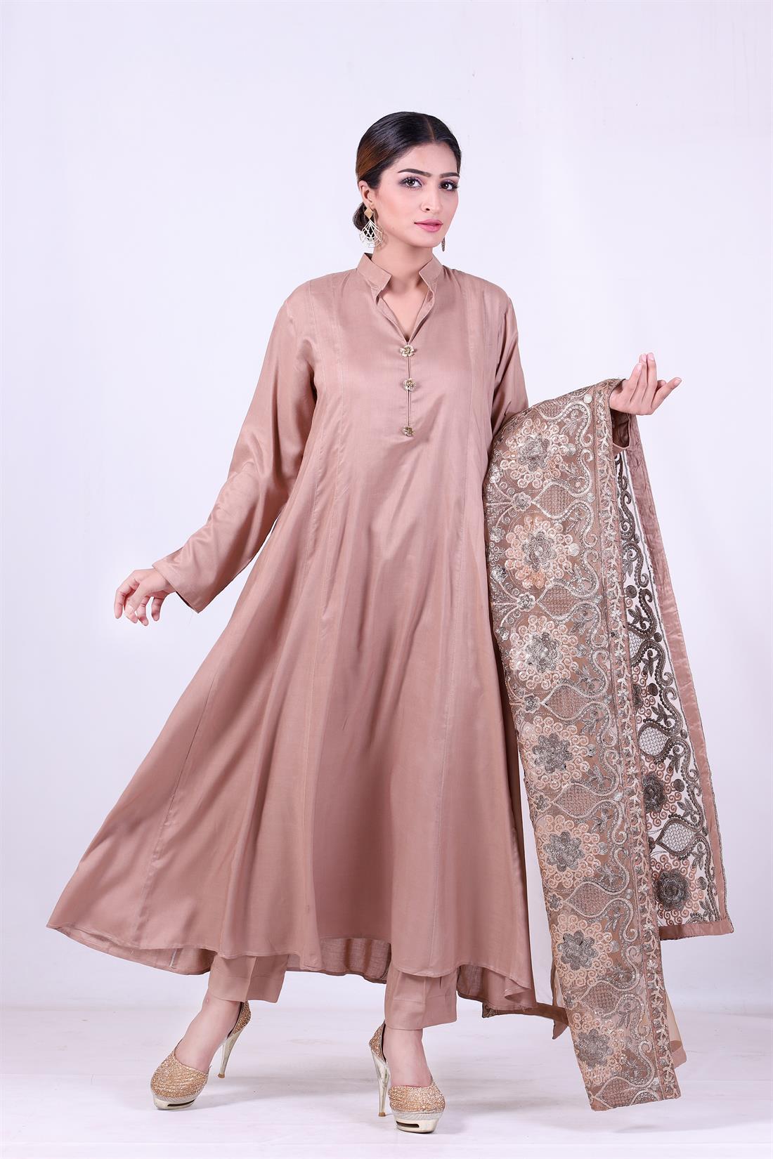 Coffee Embroidered Organza Ladies Readymade