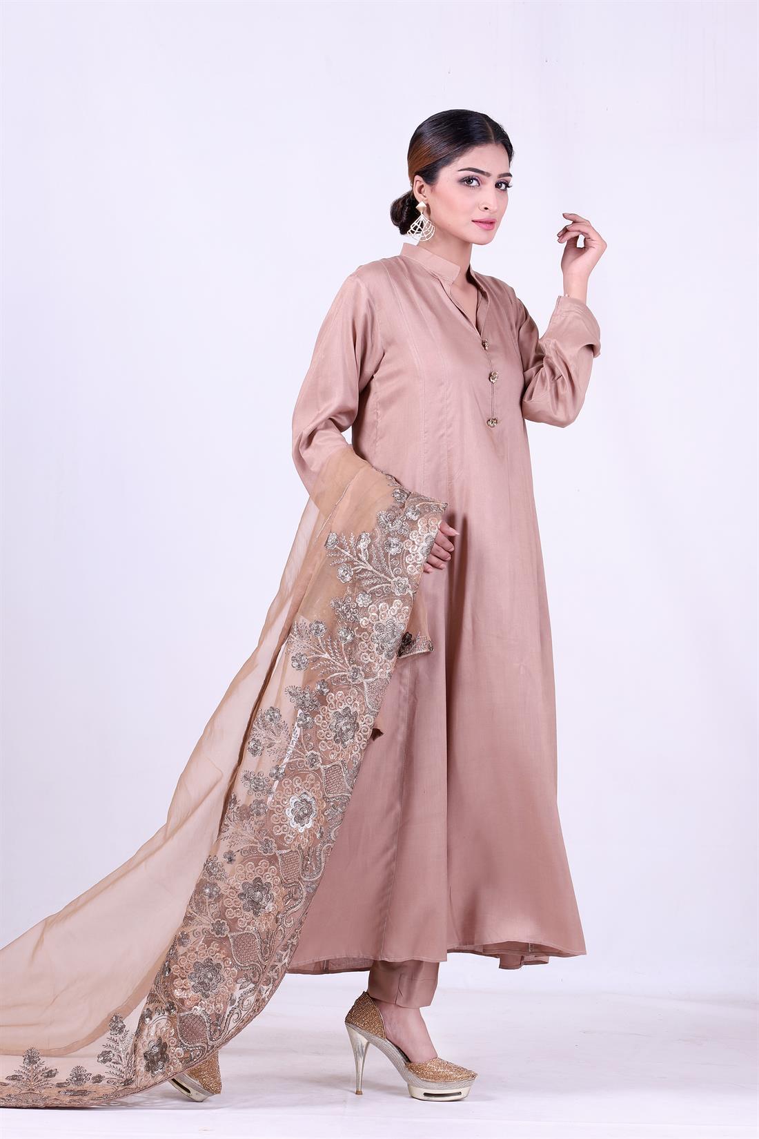 Coffee Embroidered Organza Ladies Readymade