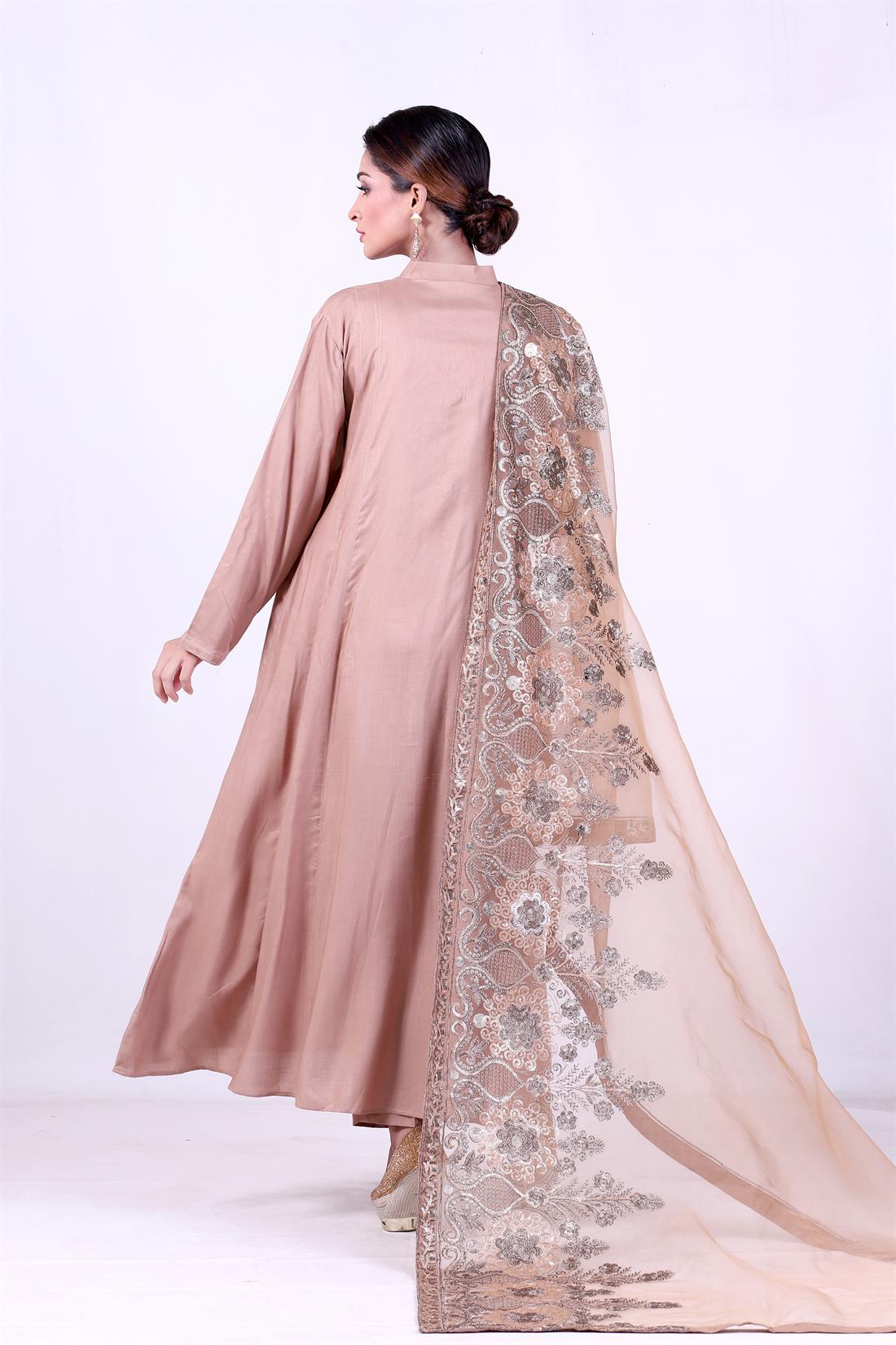 Coffee Embroidered Organza Ladies Readymade