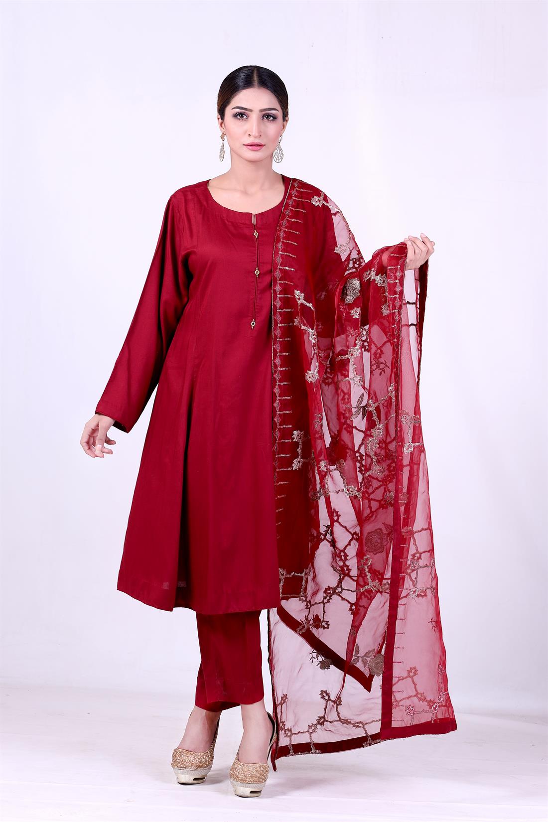 Maroon Embroidered Organza Ladies Readymade