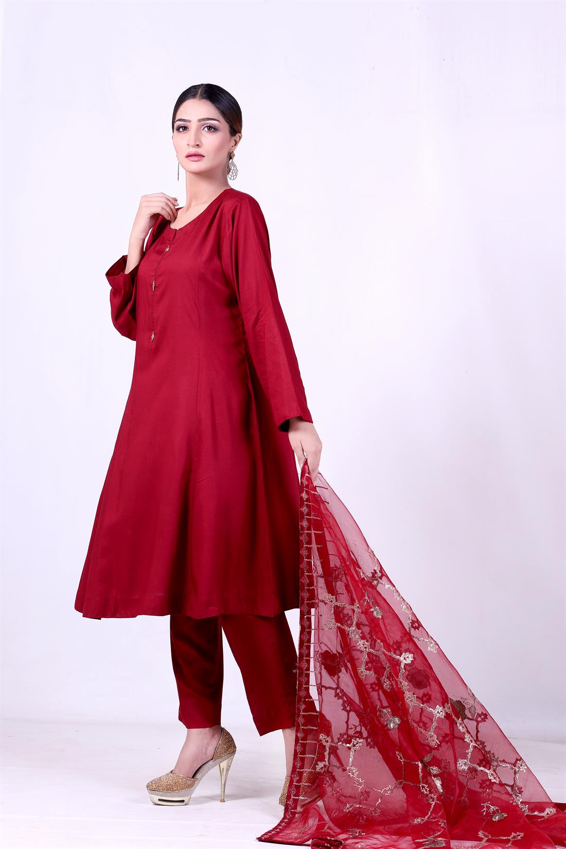 Maroon Embroidered Organza Ladies Readymade