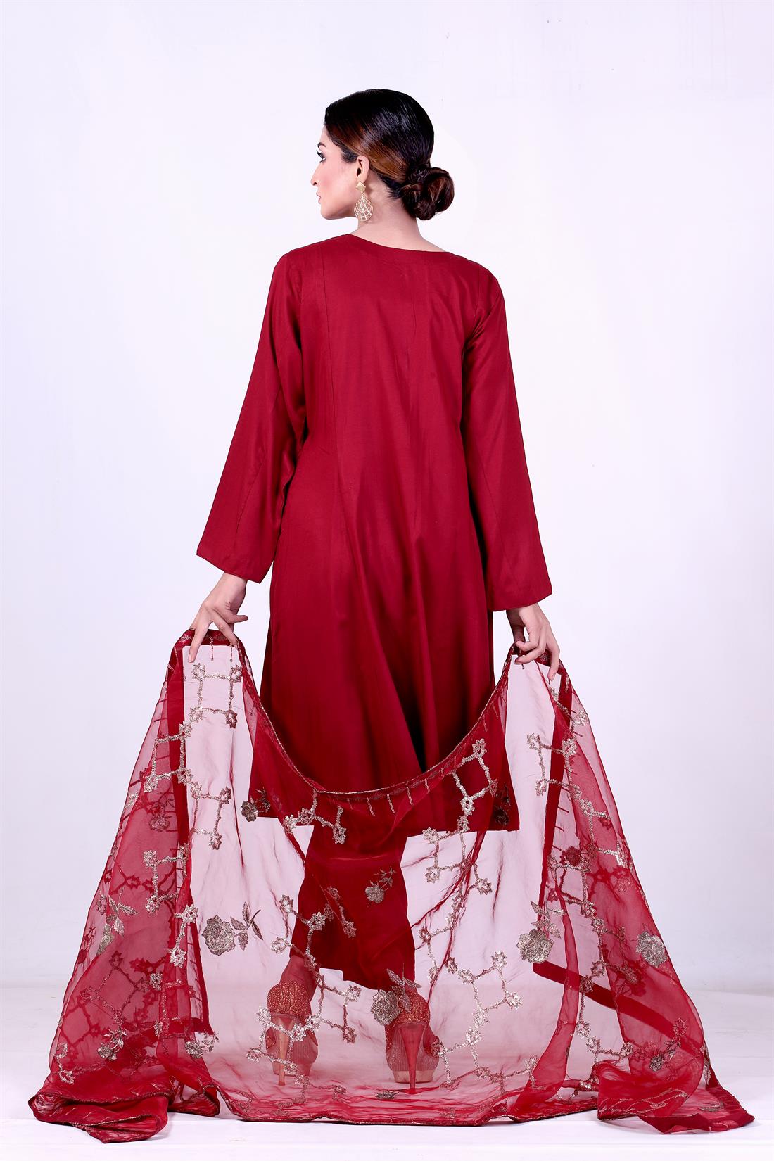 Maroon Embroidered Organza Ladies Readymade
