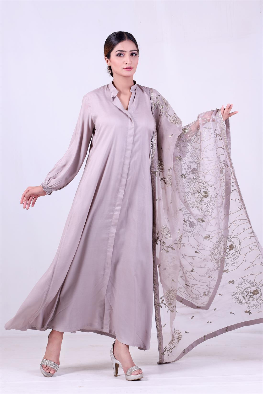 Light Grey Embroidered Organza Ladies Readymade