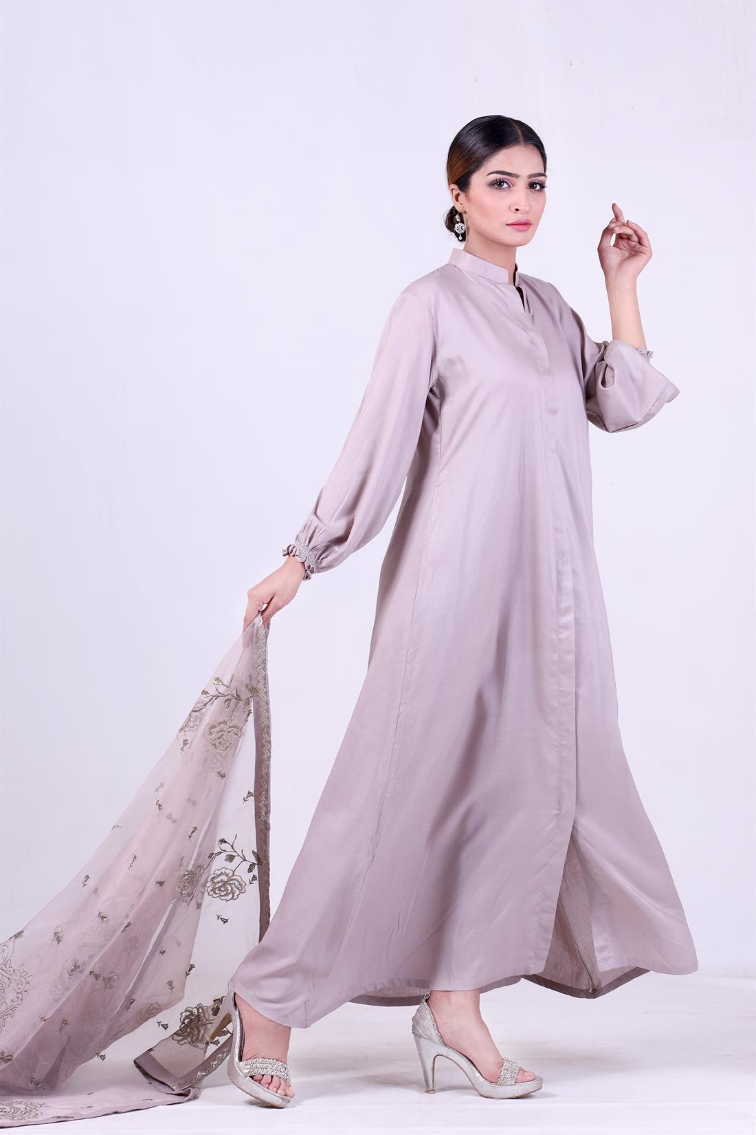 Light Grey Embroidered Organza Ladies Readymade