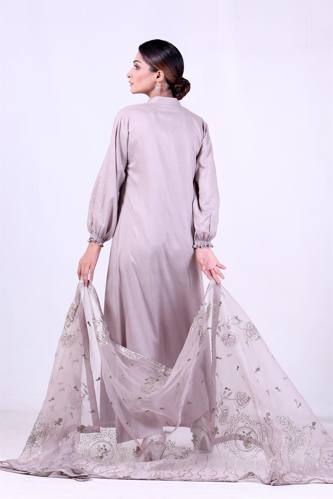 Light Grey Embroidered Organza Ladies Readymade
