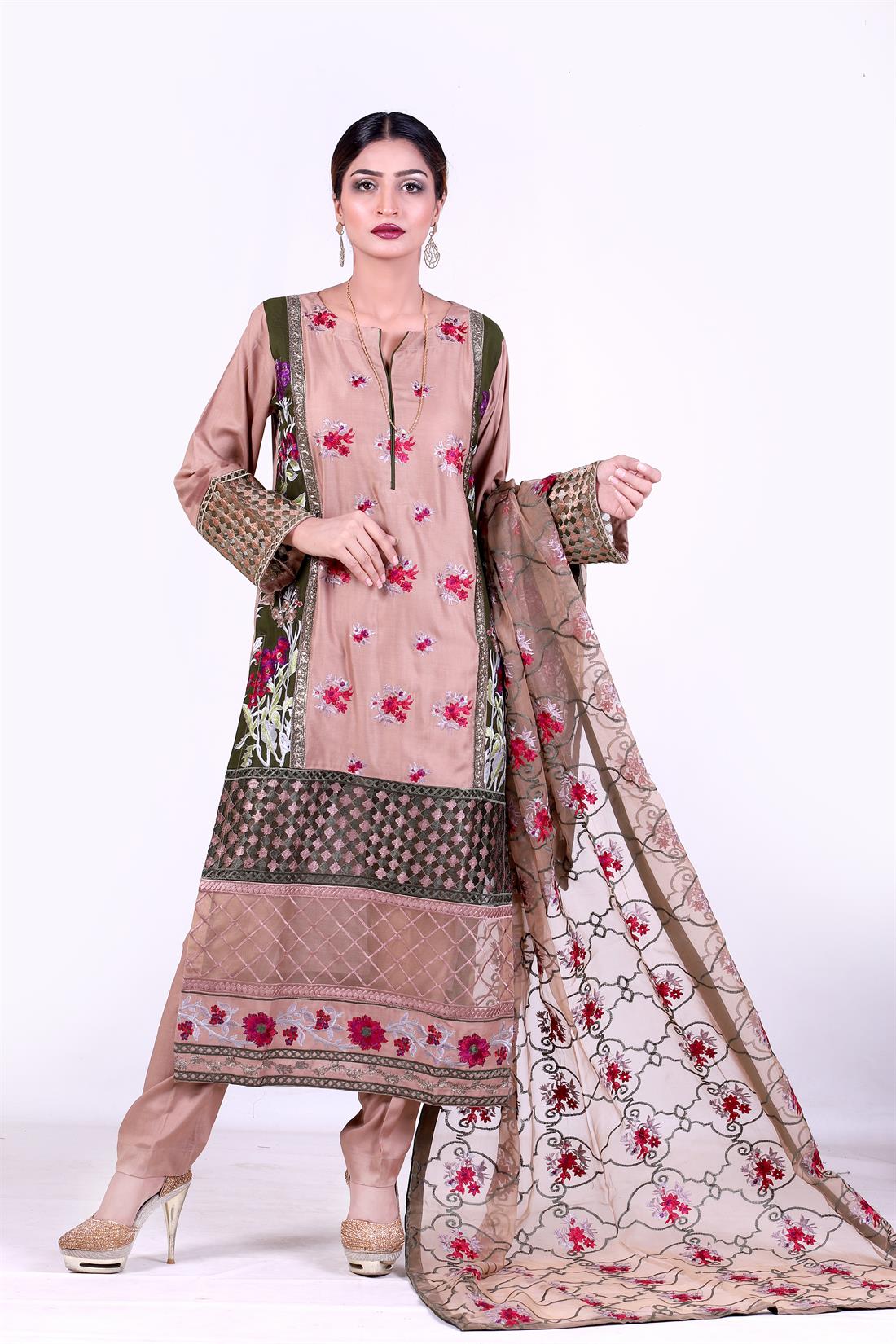 Mehndi & Brown Embroidered Organza Mehndi/Brown 3 Piece Linen Salwar Kameez with Dupatta