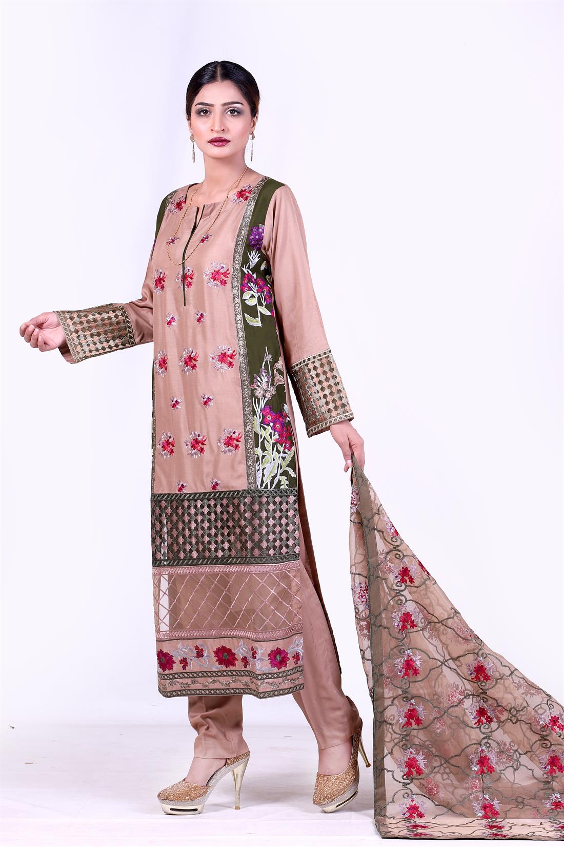 Mehndi & Brown Embroidered Organza Mehndi/Brown 3 Piece Linen Salwar Kameez with Dupatta
