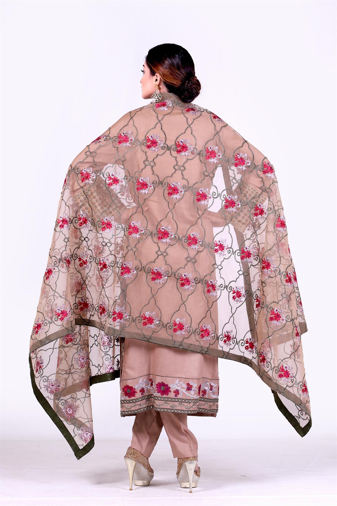 Mehndi & Brown Embroidered Organza Mehndi/Brown 3 Piece Linen Salwar Kameez with Dupatta