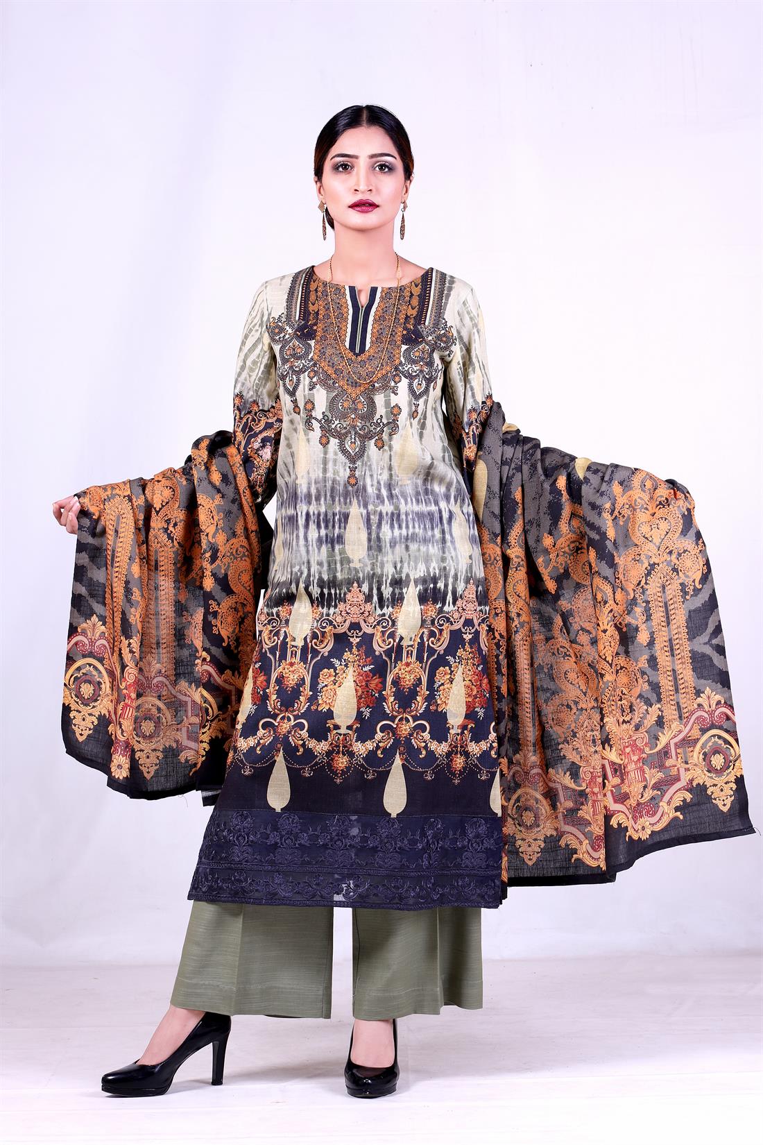 Mehndi Khaddar 3 Piece Embroidered Kameez with Shawl & Palazzo
