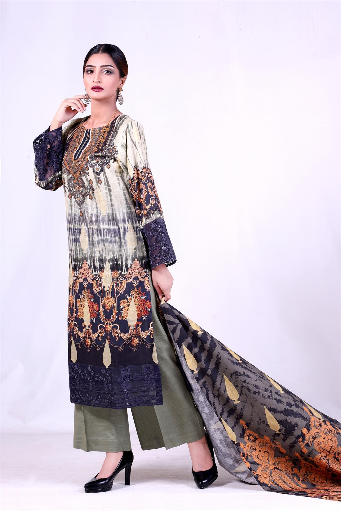 Mehndi Khaddar 3 Piece Embroidered Kameez with Shawl & Palazzo