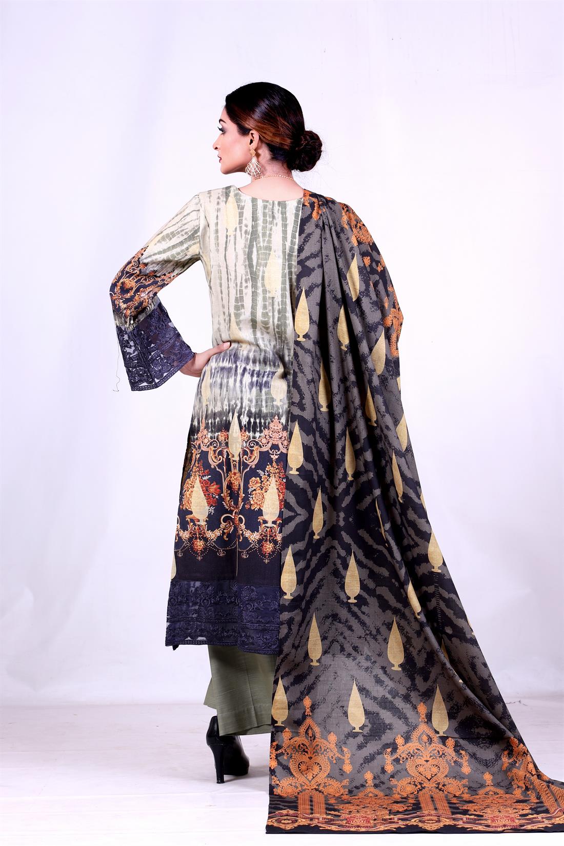 Mehndi Khaddar 3 Piece Embroidered Kameez with Shawl & Palazzo