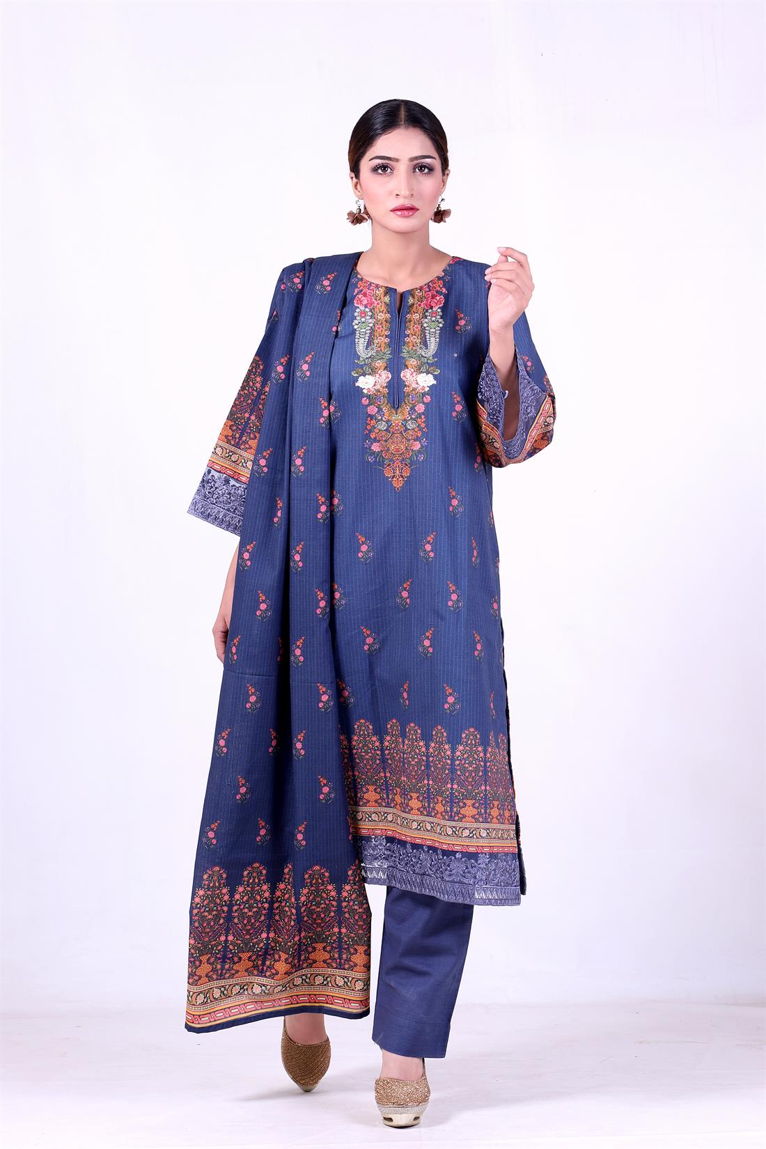 Blue Khaddar 3 Piece Embroidered Kameez with Shawl & Trouser