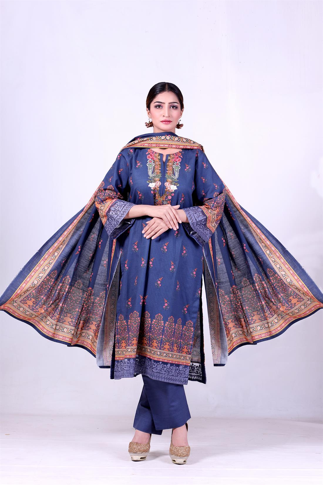 Blue Khaddar 3 Piece Embroidered Kameez with Shawl & Trouser