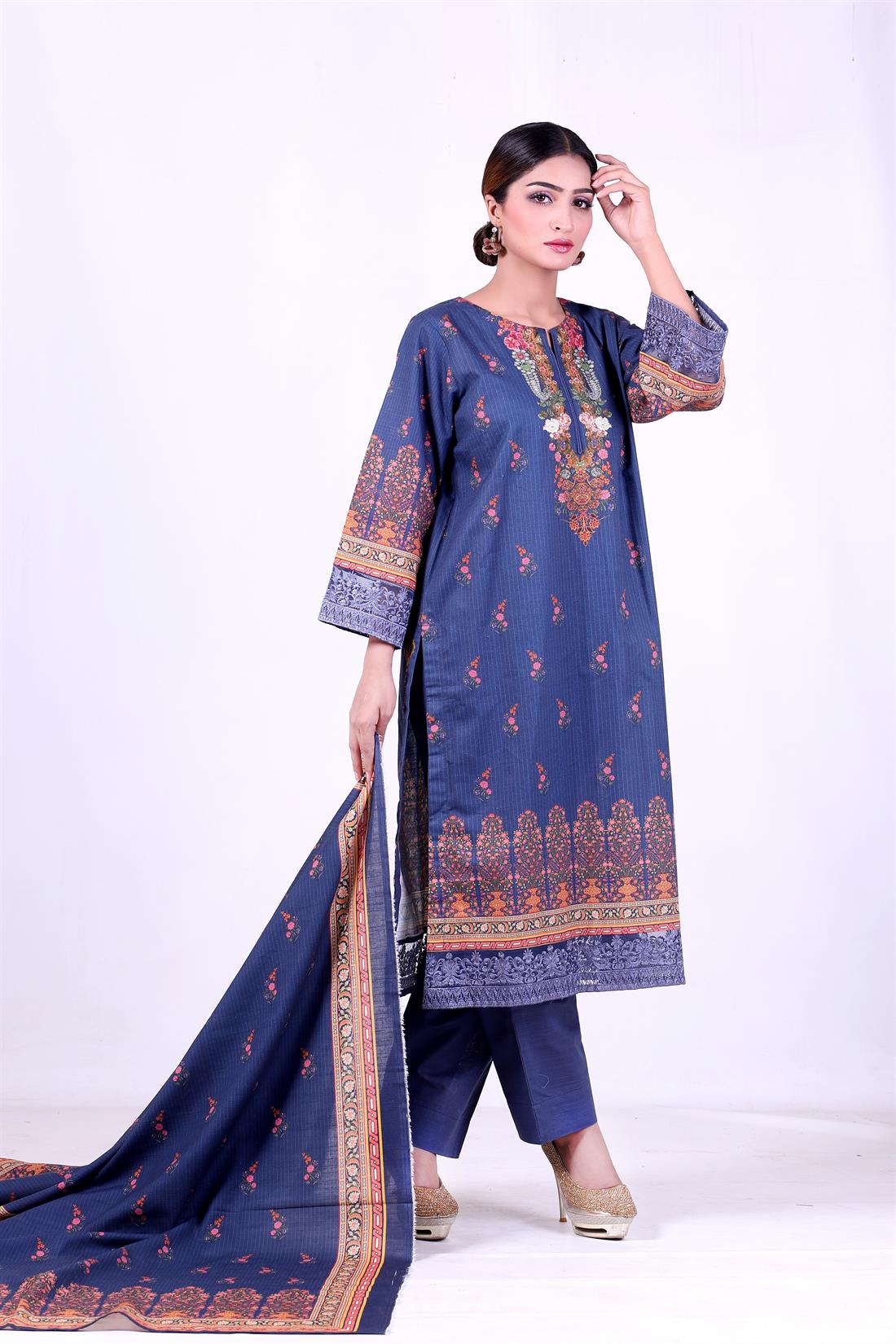 Blue Khaddar 3 Piece Embroidered Kameez with Shawl & Trouser