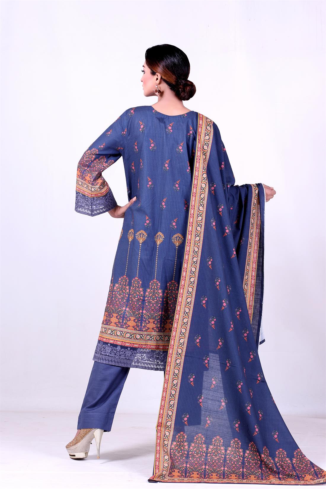 Blue Khaddar 3 Piece Embroidered Kameez with Shawl & Trouser