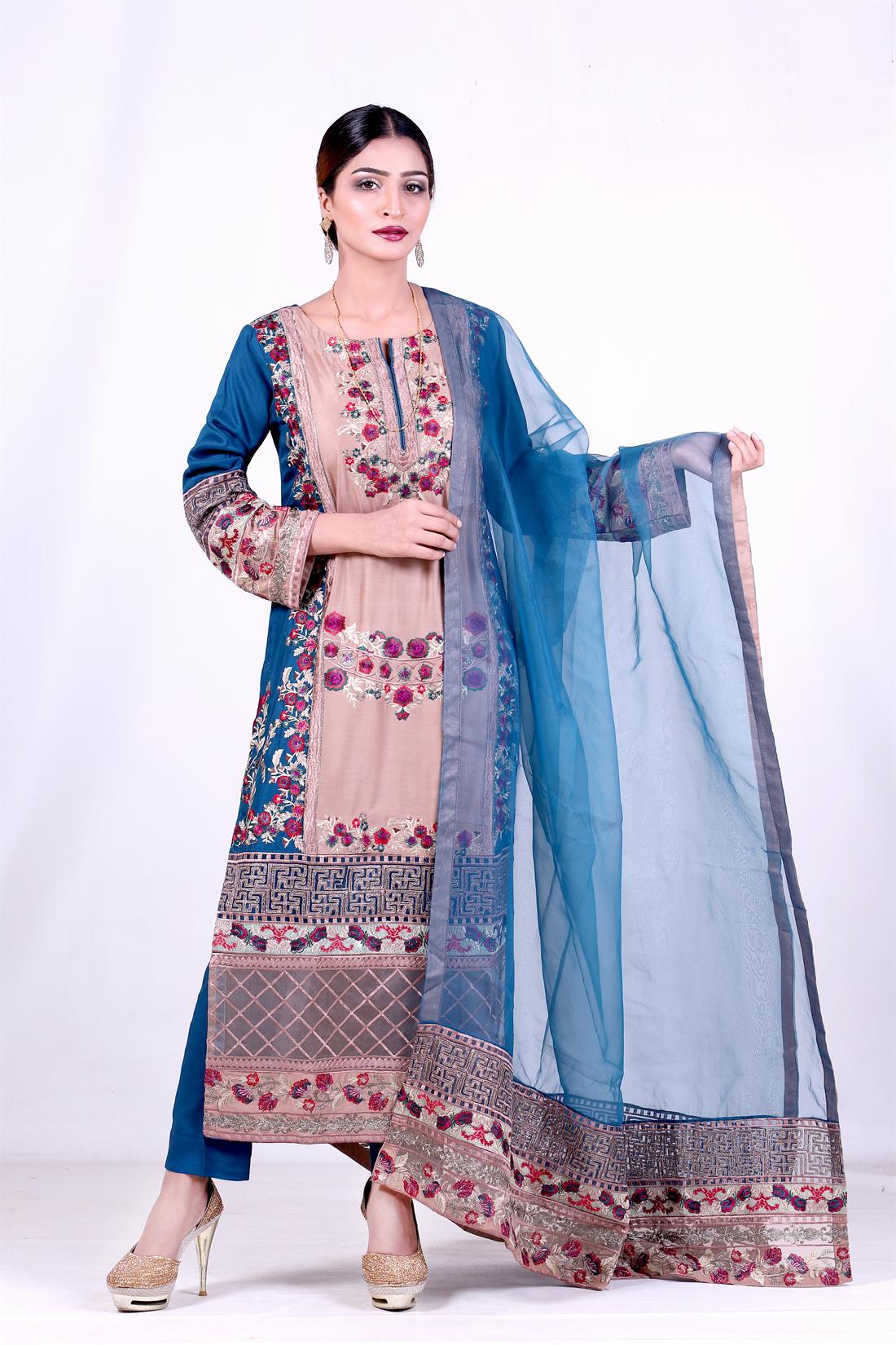 Brown & Zinc Embroidered Brown/Zinc Linen Salwar Kameez & Organza Dupatta