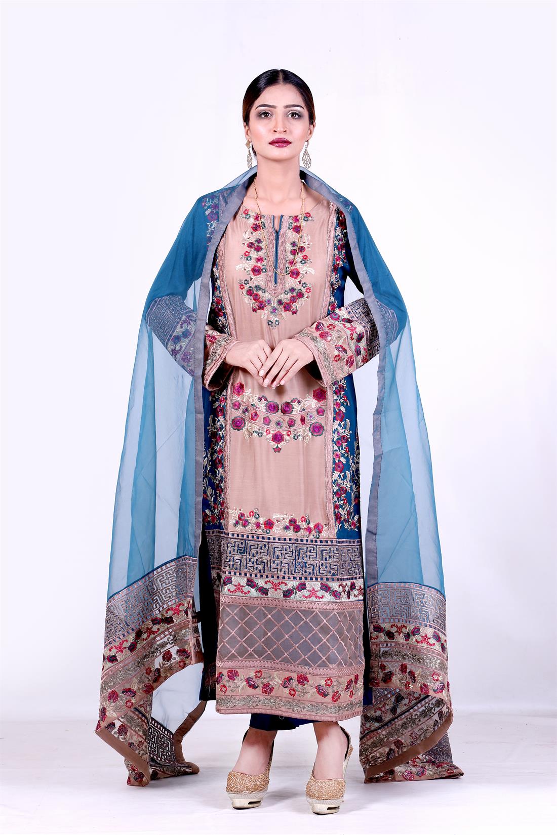 Brown & Zinc Embroidered Brown/Zinc Linen Salwar Kameez & Organza Dupatta