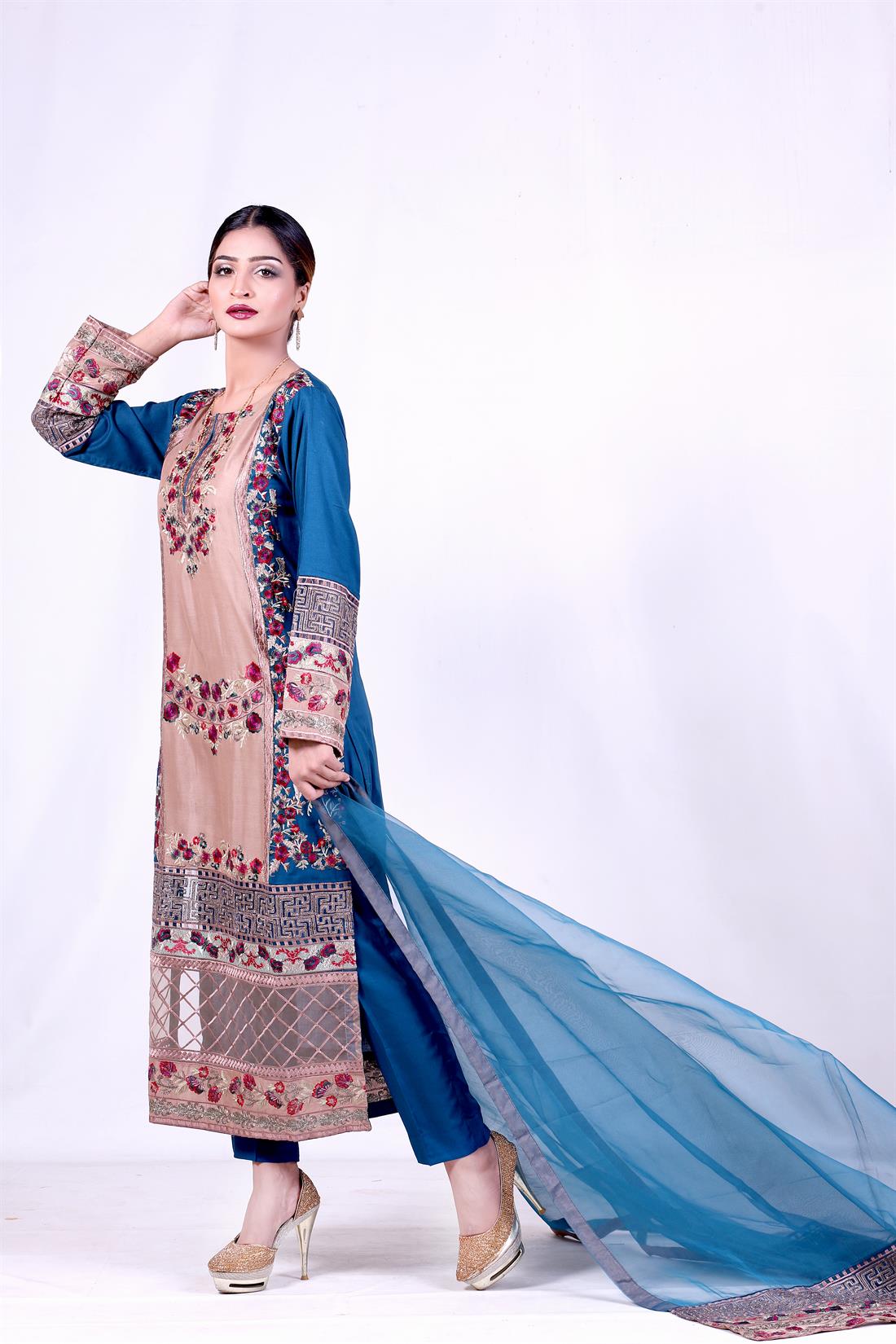 Brown & Zinc Embroidered Brown/Zinc Linen Salwar Kameez & Organza Dupatta