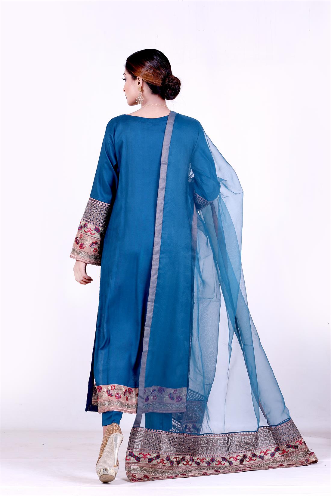 Brown & Zinc Embroidered Brown/Zinc Linen Salwar Kameez & Organza Dupatta